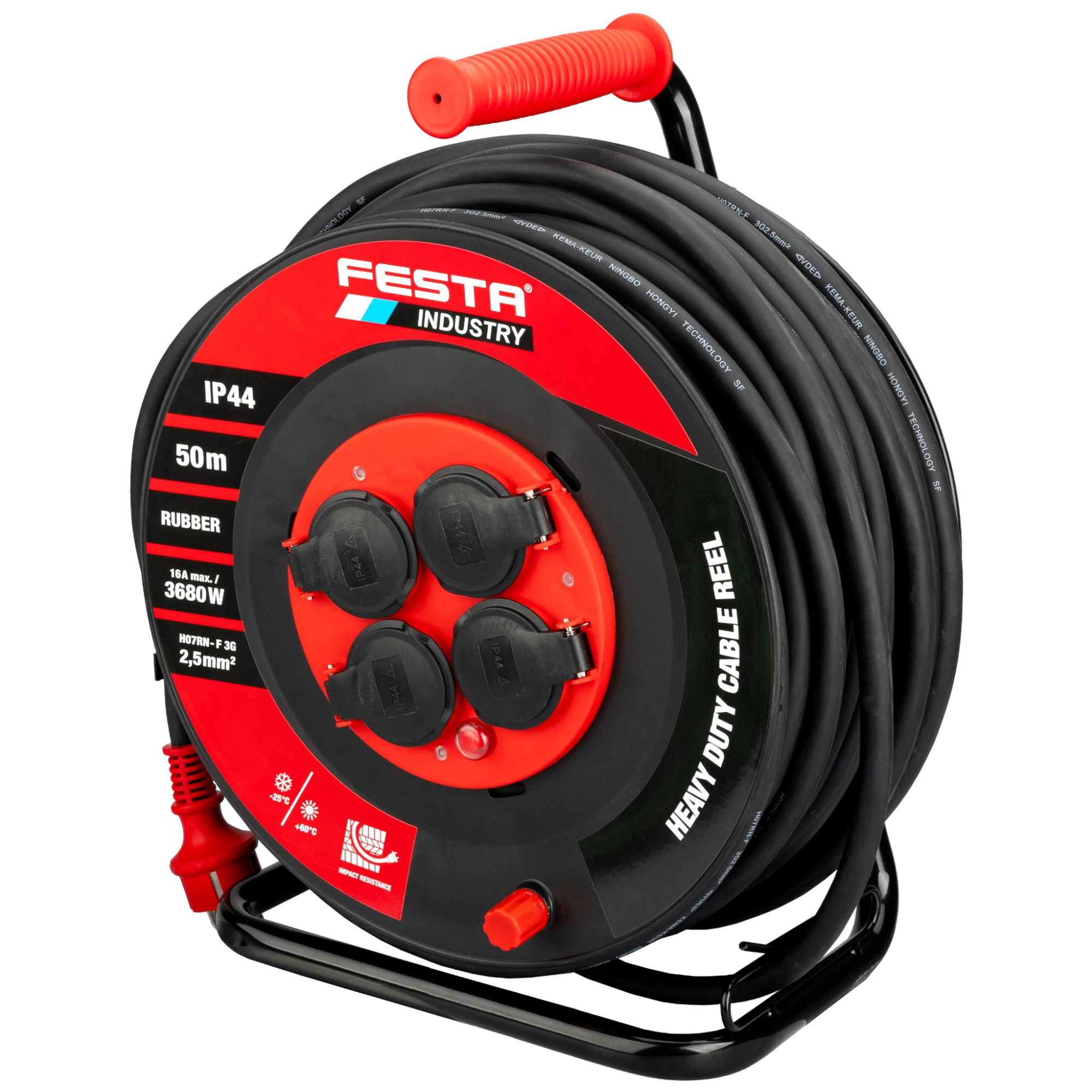 Prodlužovací kabel na bubnu venkovní, 50m, 4 zás., 3x2,5mm, černý, IP44, FESTA INDUSTRY