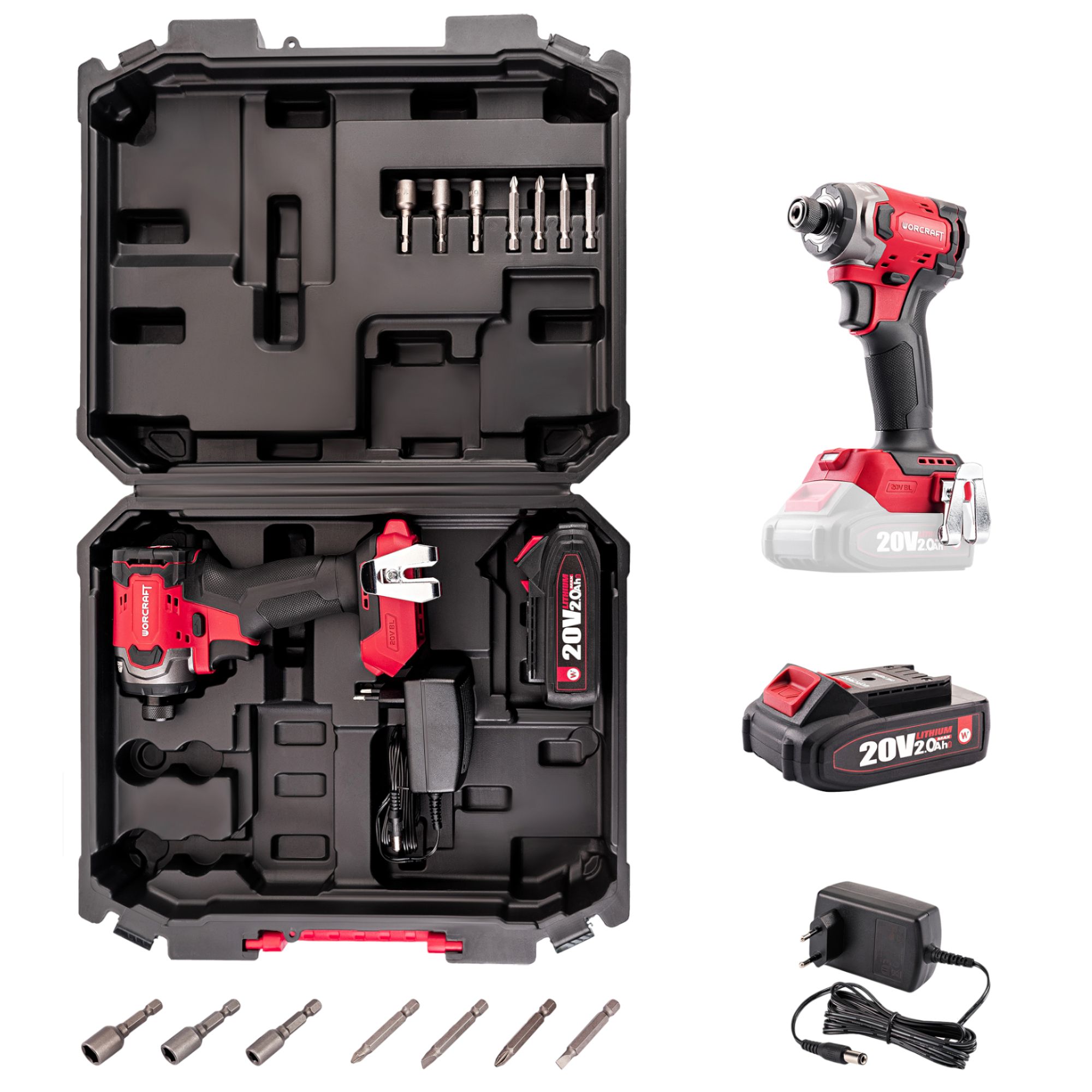 AKU utahovák, HEX 1/4", 260Nm, 20V, sada 1 bat. v kufru, BRUSHLESS, ShareSYS, WORCRAFT CIS-S20LiBM-2