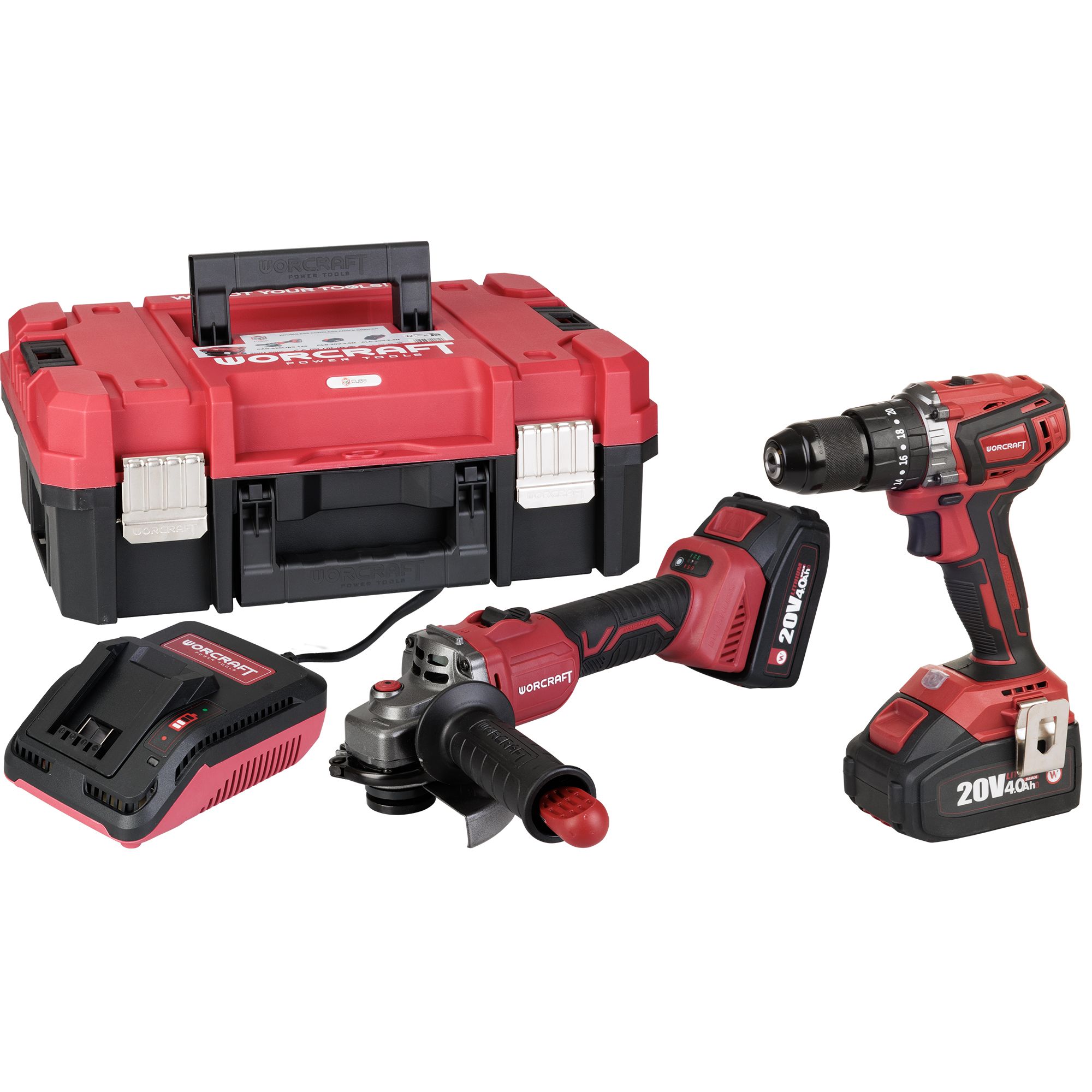 AKU set, bruska úhlová + vrtačka, 20V, 2 bat. v kufru, BRUSHLESS, ShareSYS, WORCRAFT XCUBE001