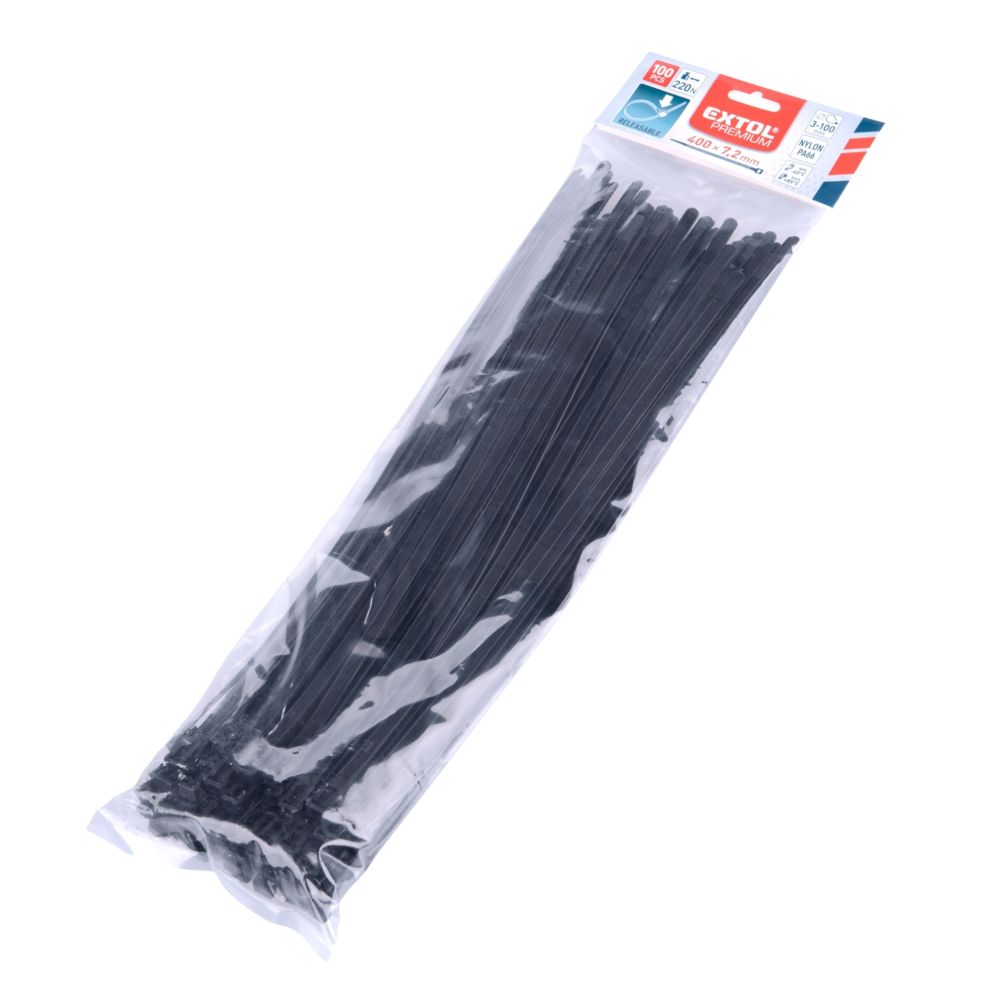 Pásek stahovací rozepínací, 400 x 7,2mm, černý, nylon PA66, balení 100ks, EXTOL PREMIUM
