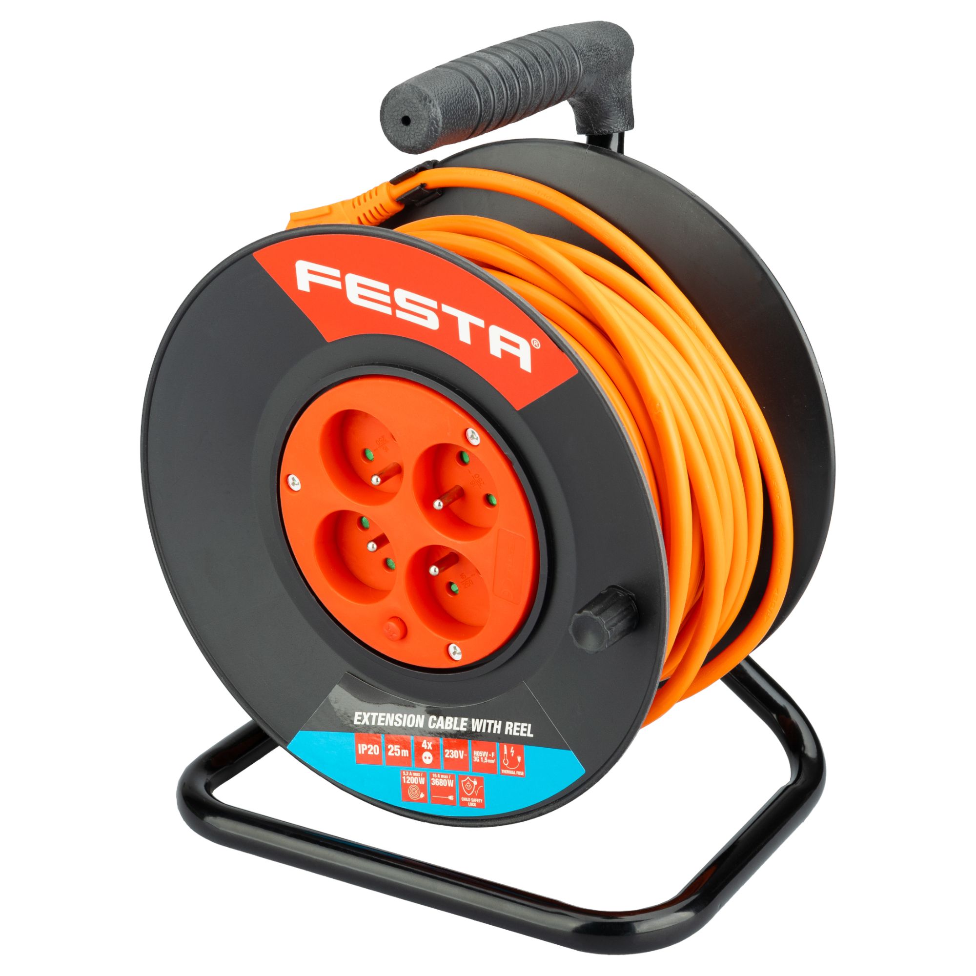 Prodlužovací kabel na bubnu, 25m, 4 zás., 3x1,5mm, oranžový, FESTA