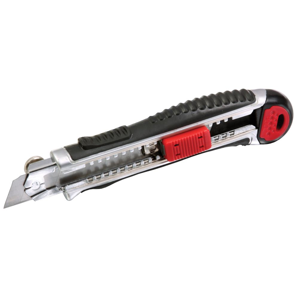 Odlamovací nůž 18mm – celokovový s gumou, tlačítková aretace, zásobník 5 břitů, FESTA POWER