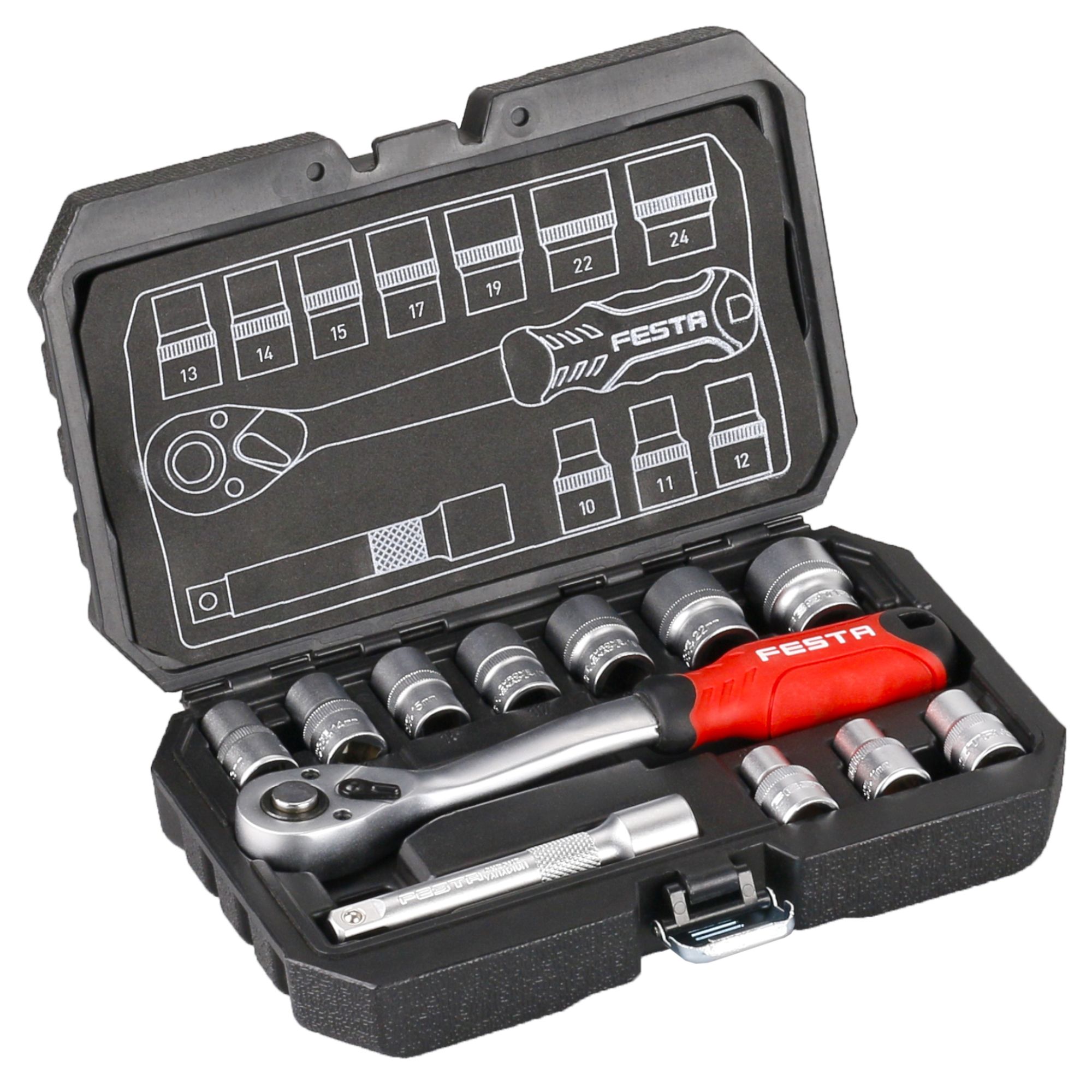 Gola sada 1/2", 12 dílů, plastový kufr, FESTA