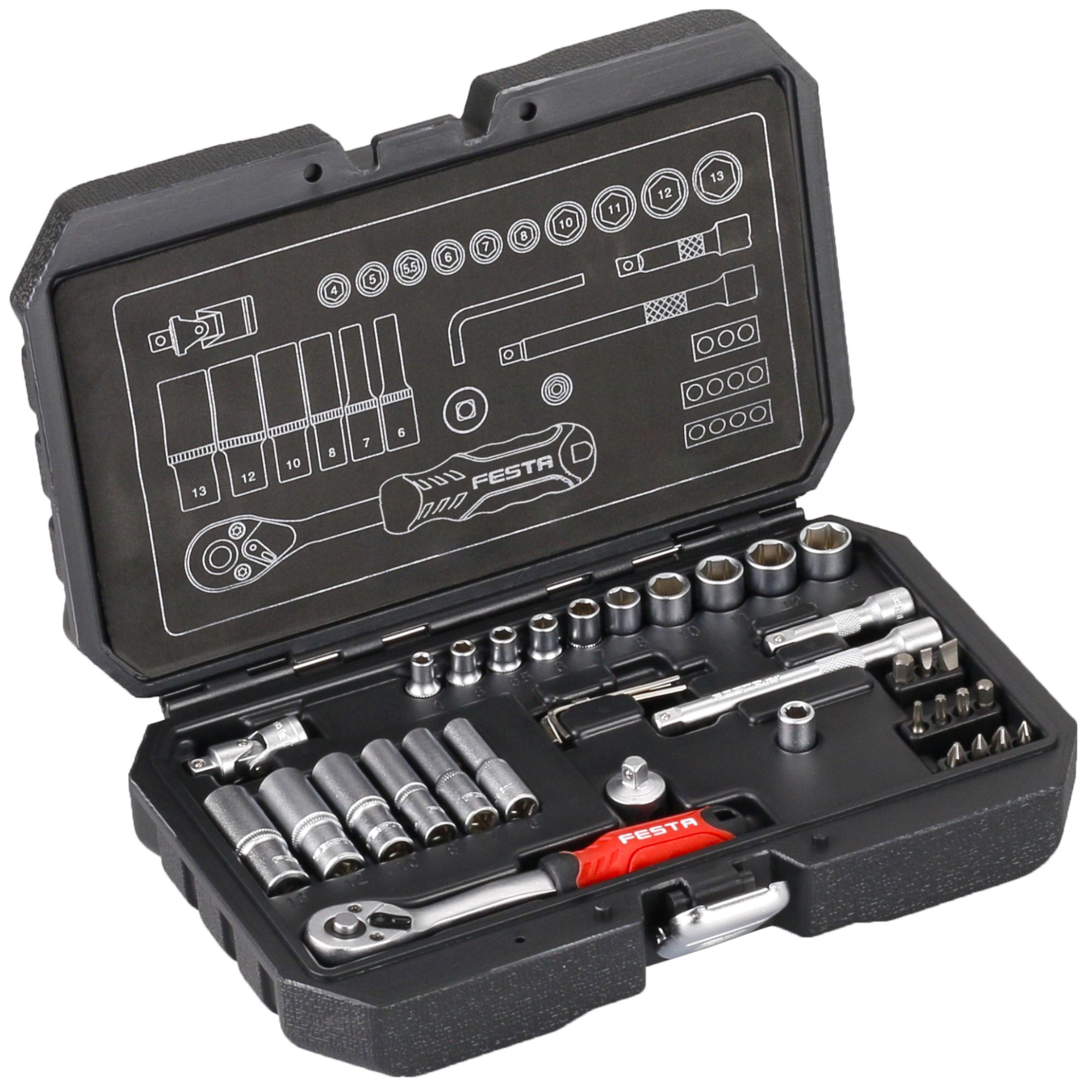 Gola sada 1/4", 36 dílů, plastový kufr, FESTA