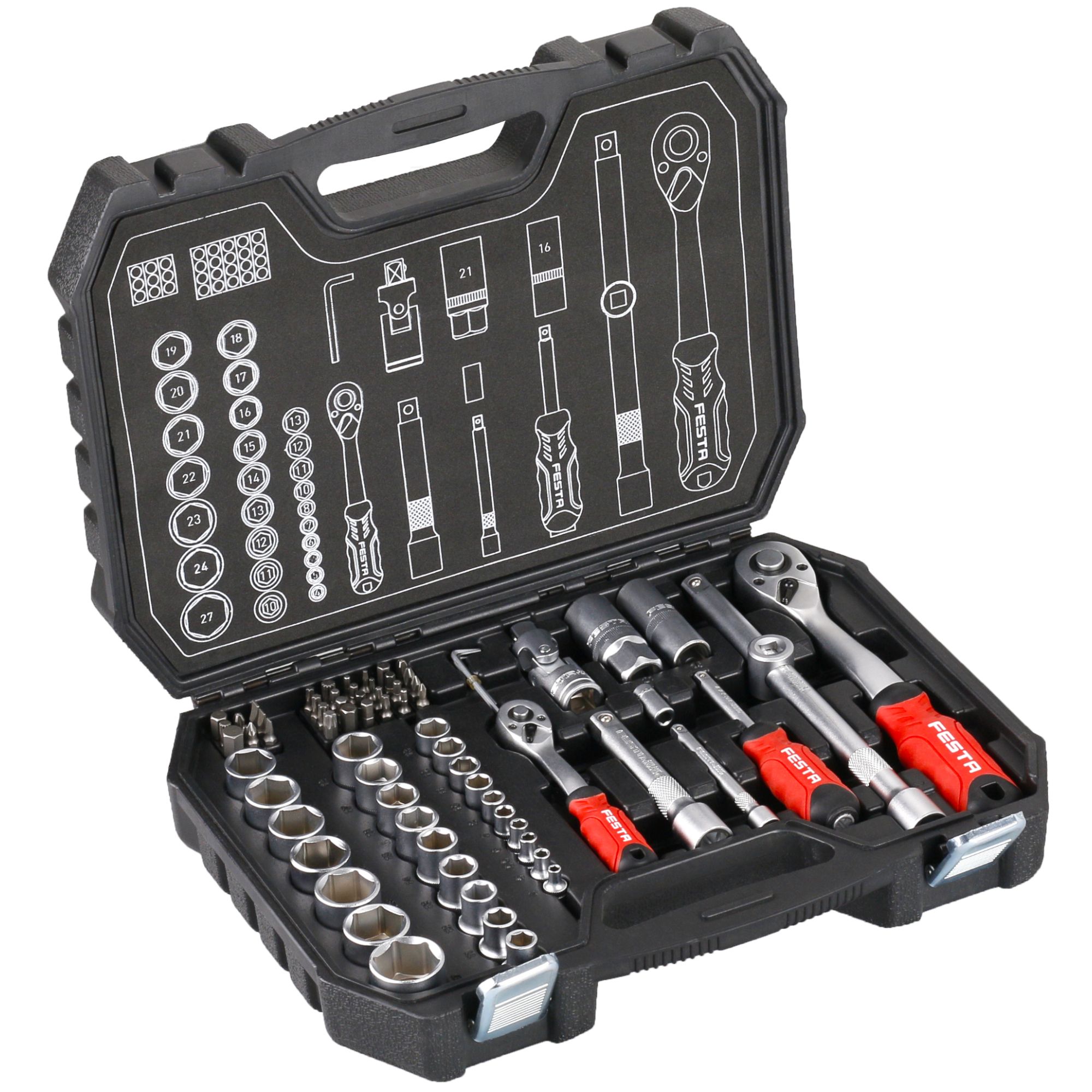 Gola sada 1/2" + 1/4", 72 dílů, plastový kufr, FESTA