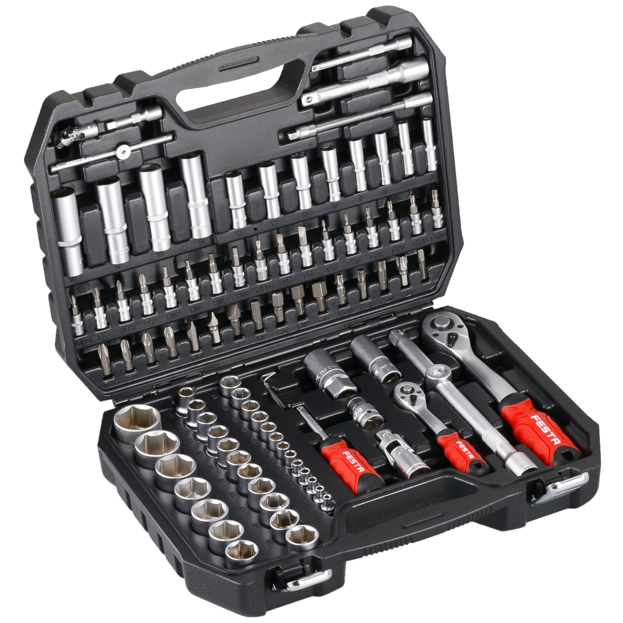 Gola sada 1/2" + 1/4", 94 dílů, plastový kufr, FESTA