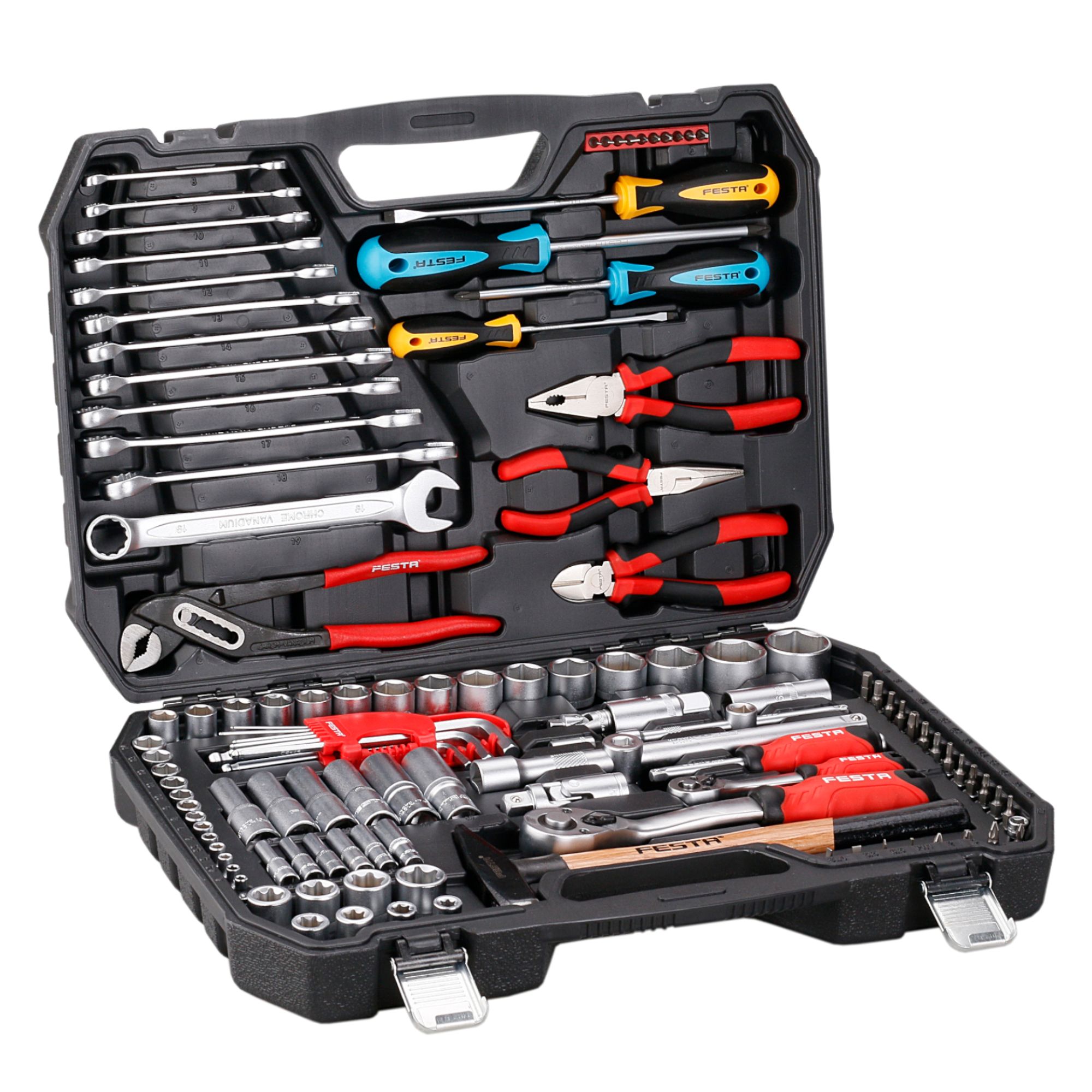 Sada nářadí, 122 dílů, GOLA, klíče, kleště, šroubováky, v kufru, CrV S2, FESTA