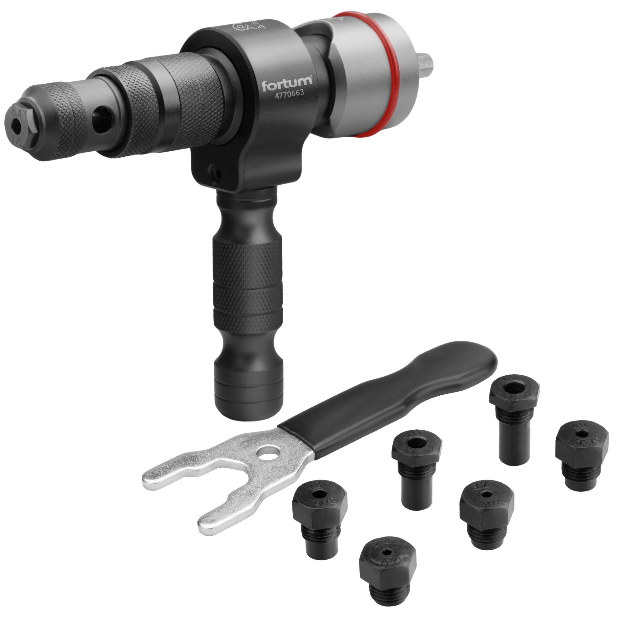 Nástavec nýtovací na vrtačku T, pro trhací nýty 2,4 - 6,4mm, CrMoV, FORTUM