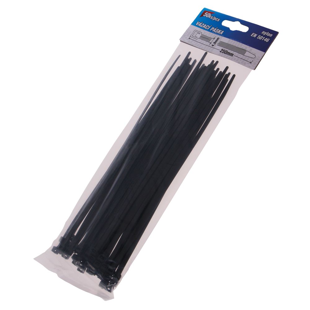 Pásek stahovací, 250 x 4,8mm, černý, nylon, balení 50ks