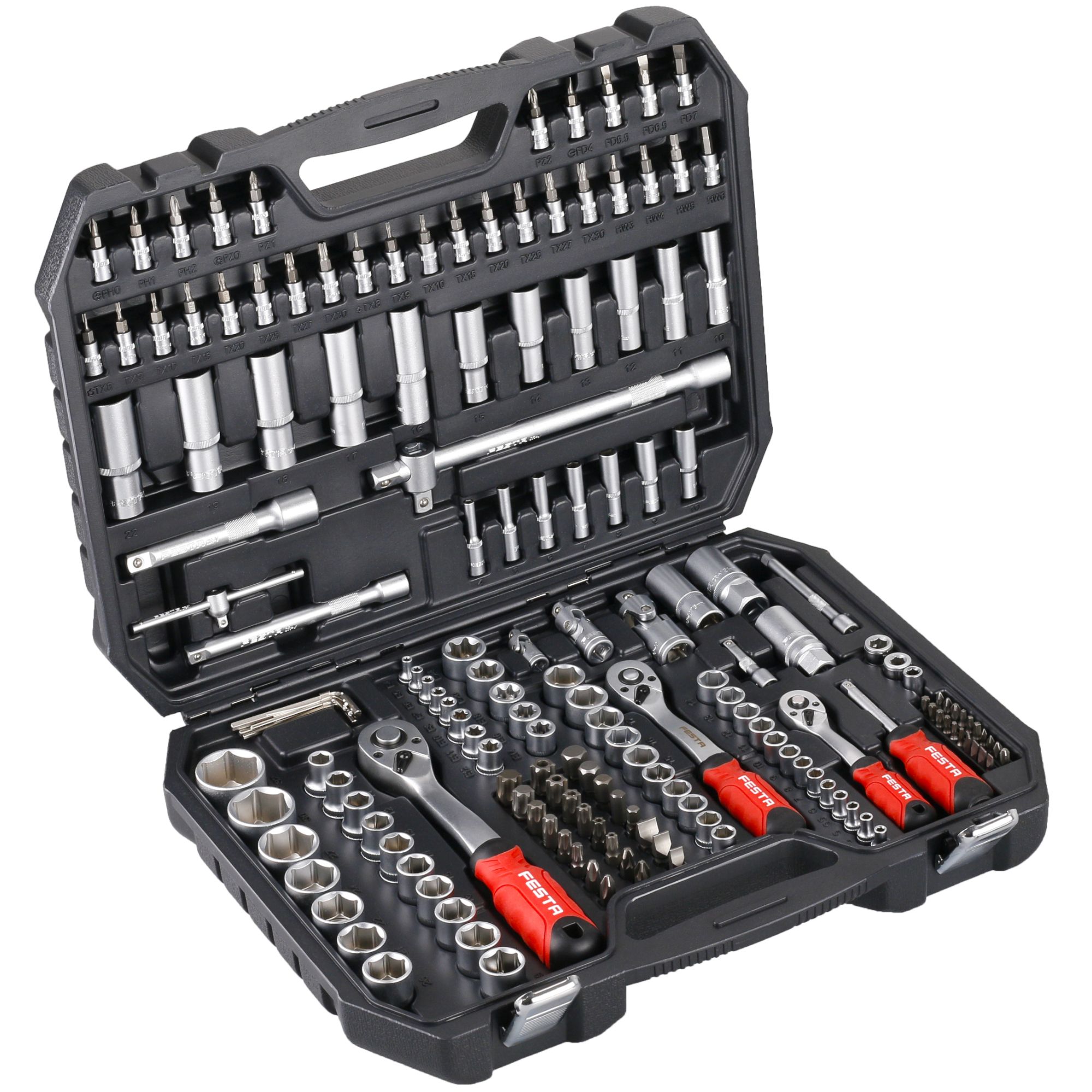 Gola sada 1/2" + 3/8" + 1/4", 176ks dílů, plastový kufr, FESTA