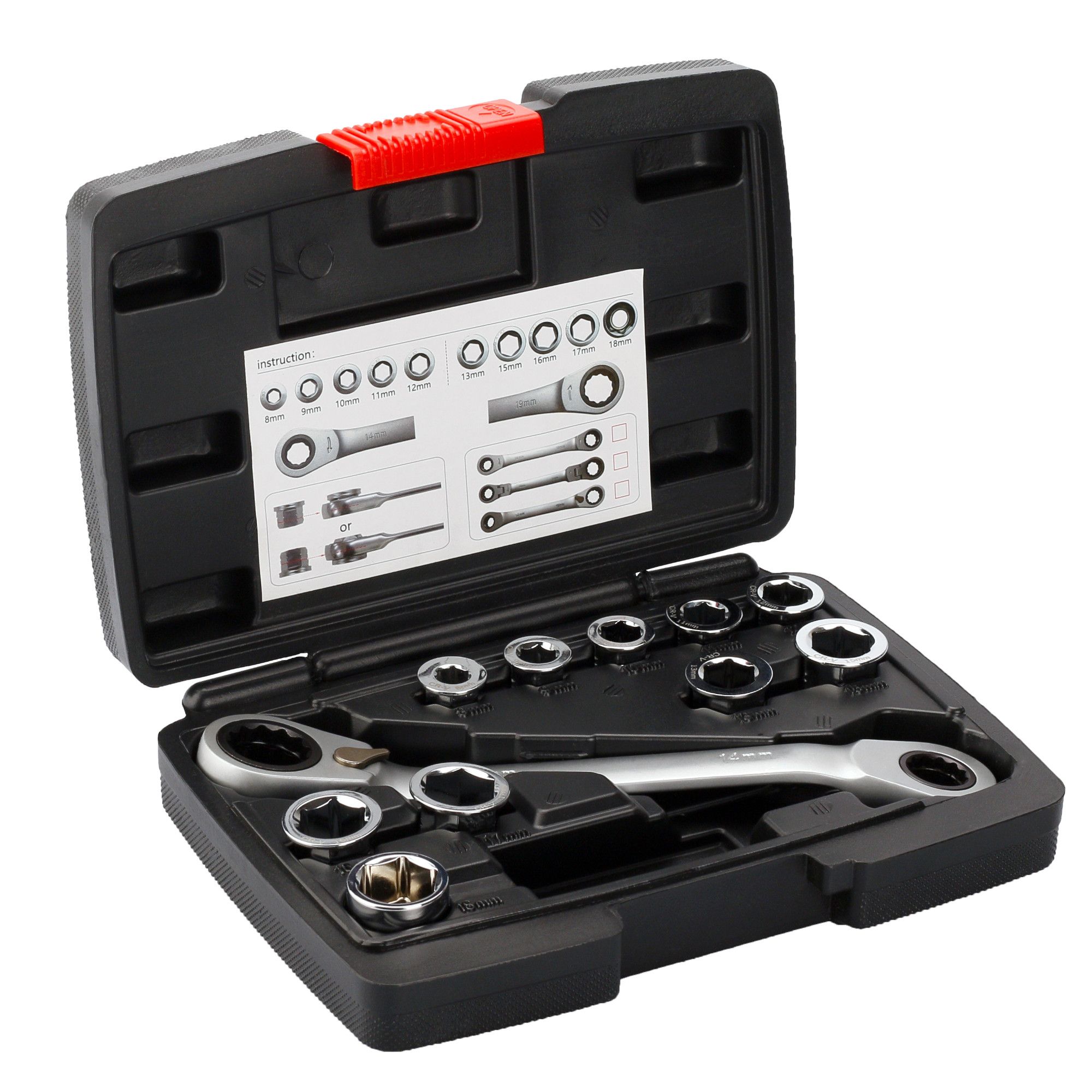 Ráčnový klíč s nástrčnými vložkami, sada 8–19 mm, FESTA