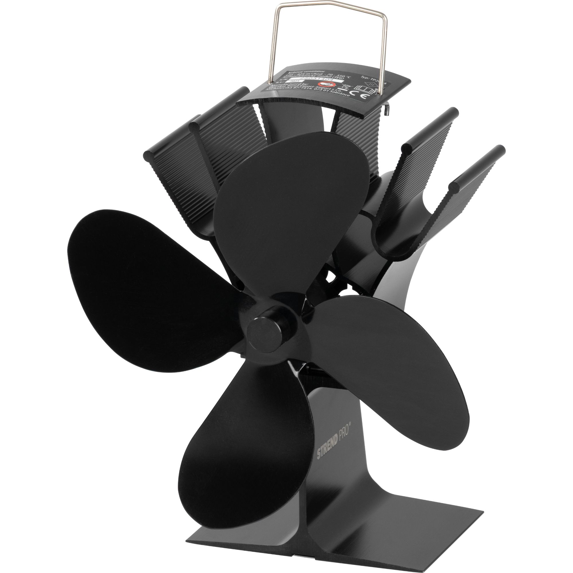 Krbový ventilátor stojanový – poháněný teplem, 4-lopatkový, černý, STREND PRO