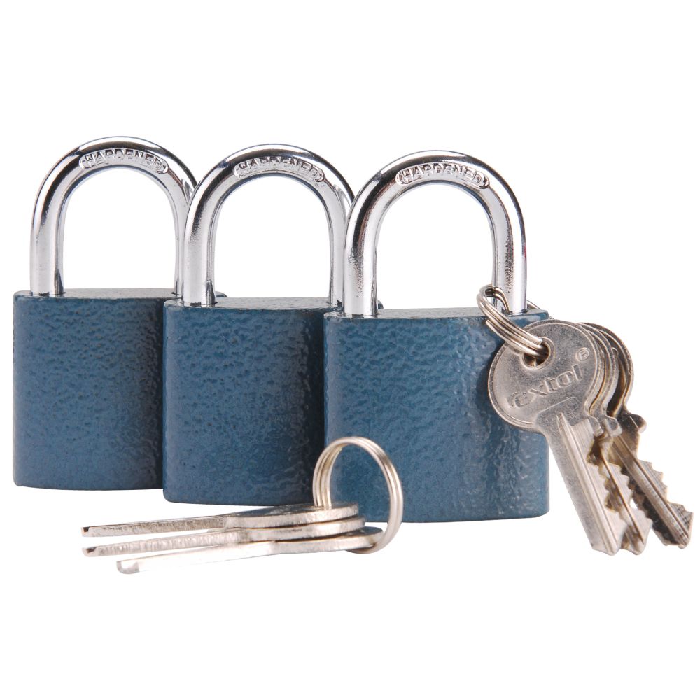 Zámky visací sjednocené, litinové, 38mm, modré, sada 3 ks, 6 klíčů, EXTOL CRAFT