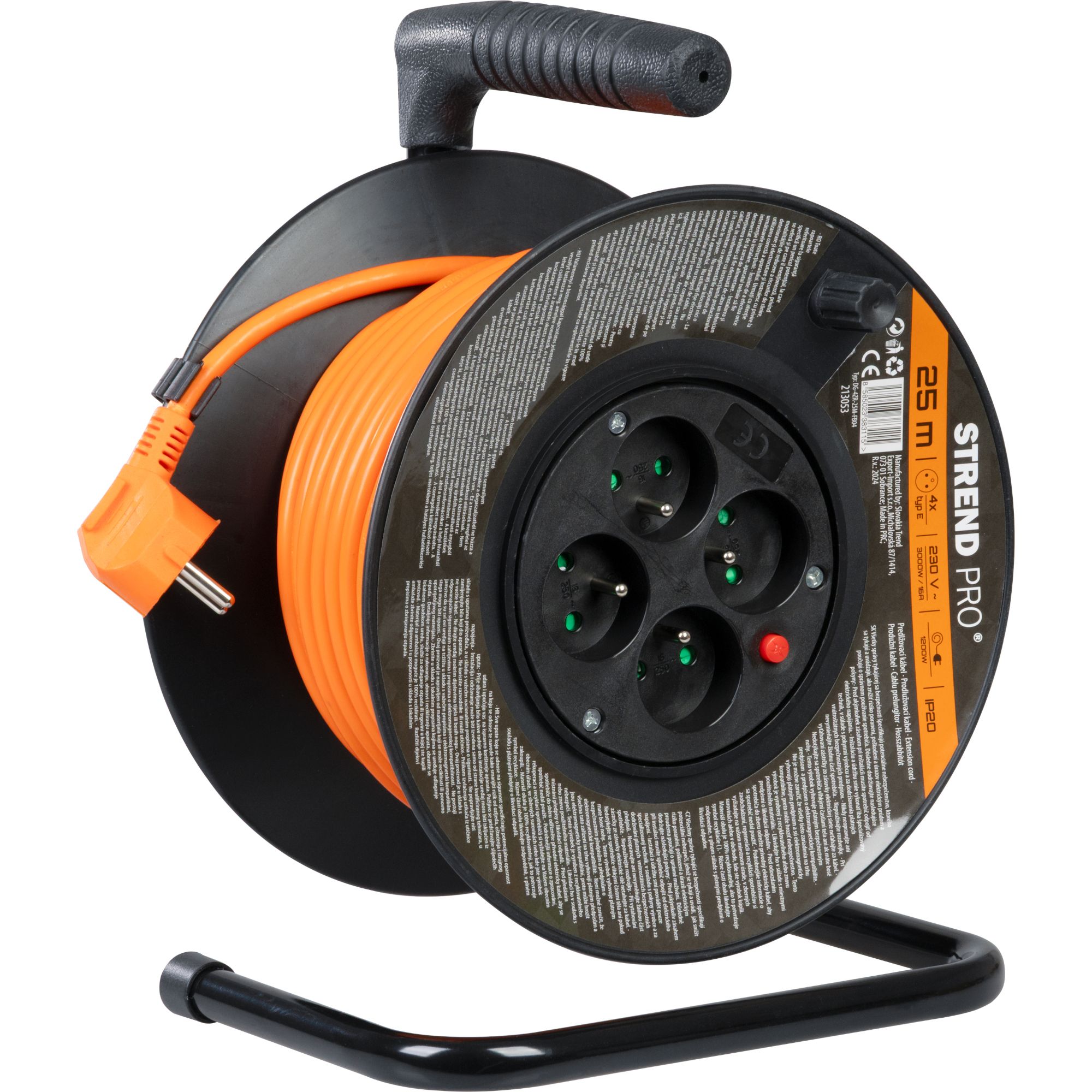 Prodlužovací kabel na bubnu, 25m, 4 zás., 3x1,5mm, oranžový, STREND PRO