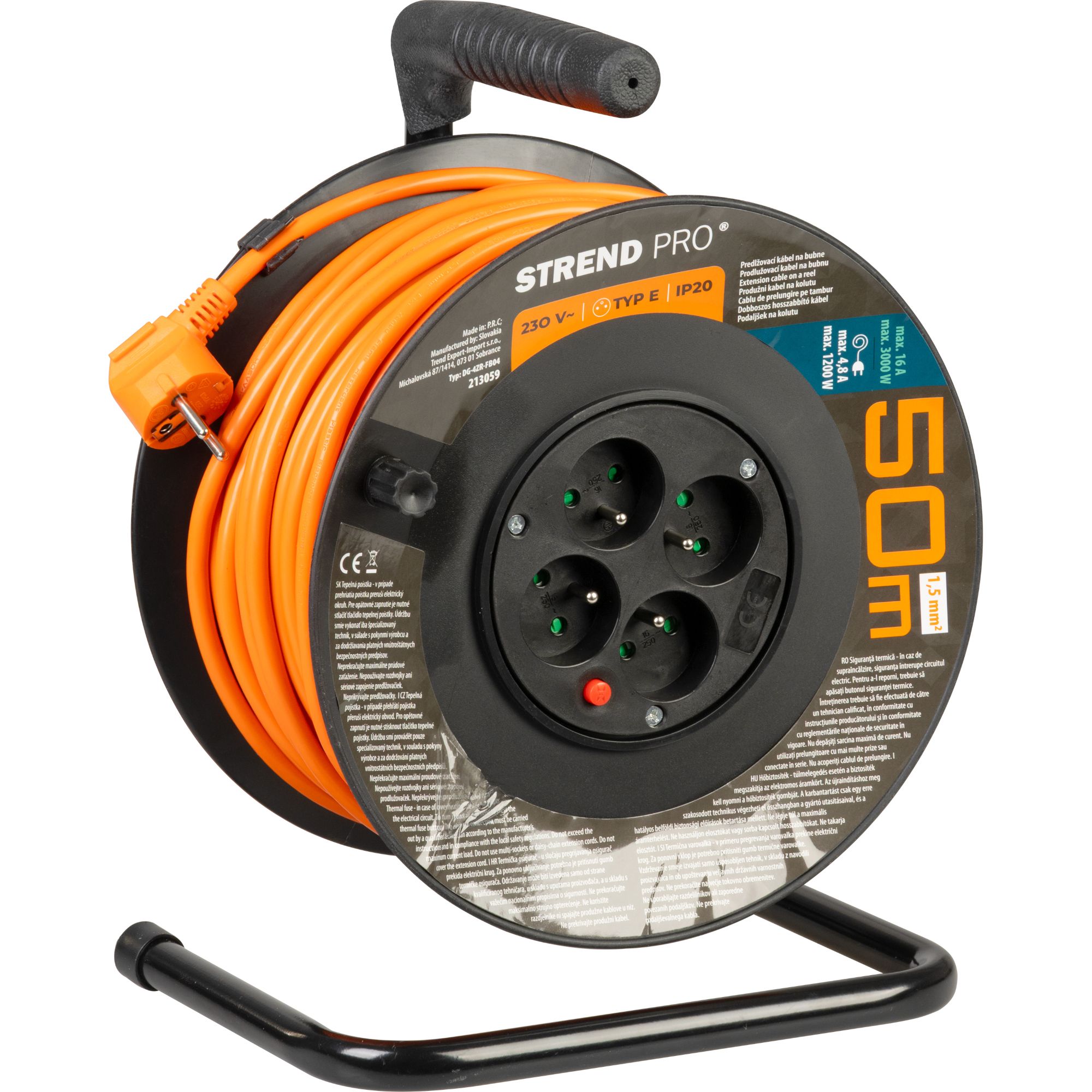 Prodlužovací kabel na bubnu, 50m, 4 zás., 3x1,5mm, oranžový, STREND PRO