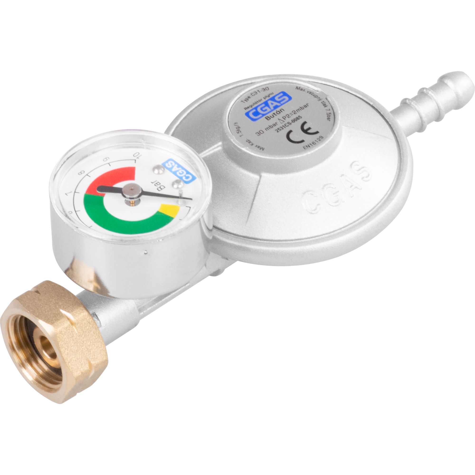 Regulátor plynu s manometrem, 30mbar, 1,5kg/h, trn 8mm, CGAS C31-30