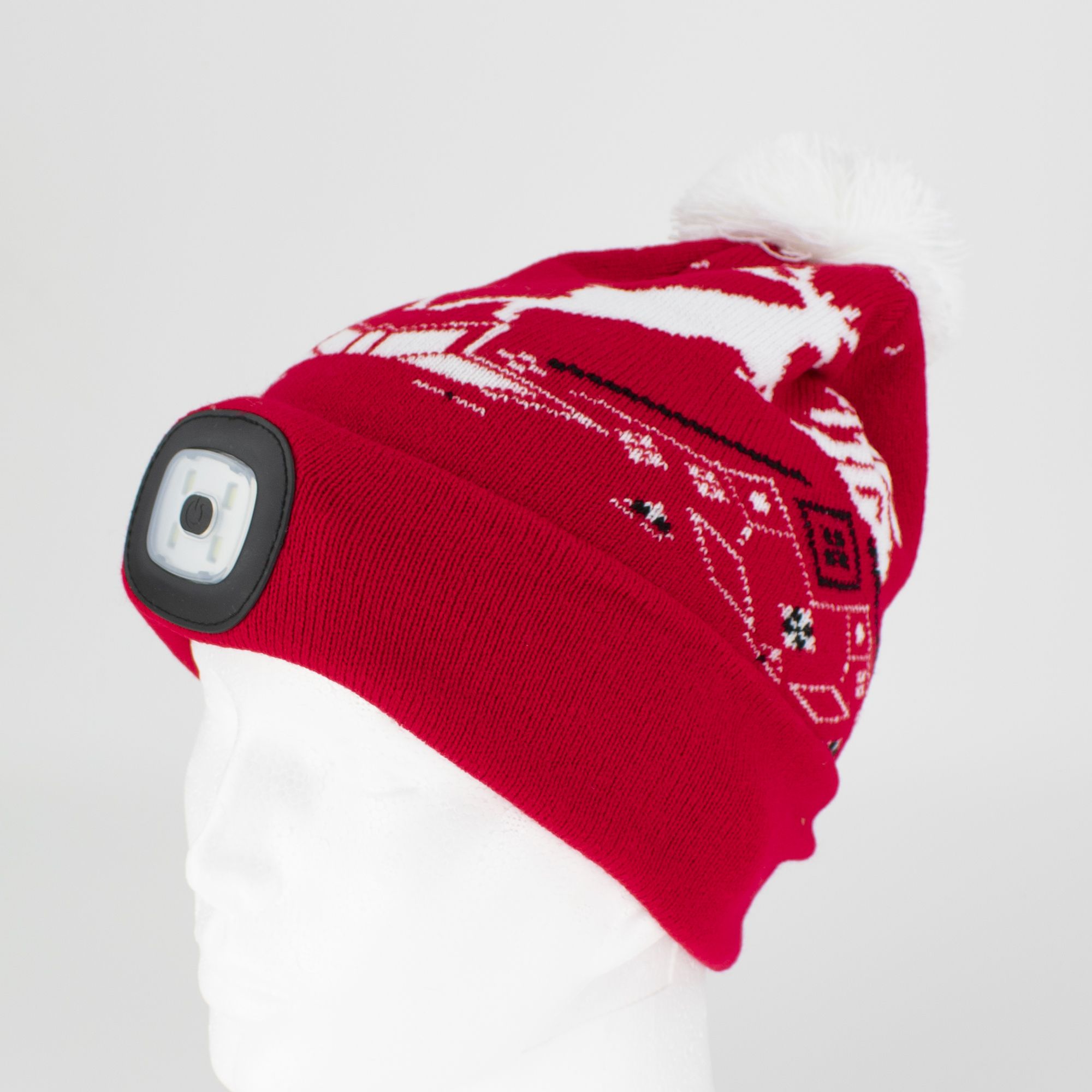 Čepice s LED čelovkou, 60lm, USB nabíjecí, UNI, Xmas červená se soby, STREND PRO