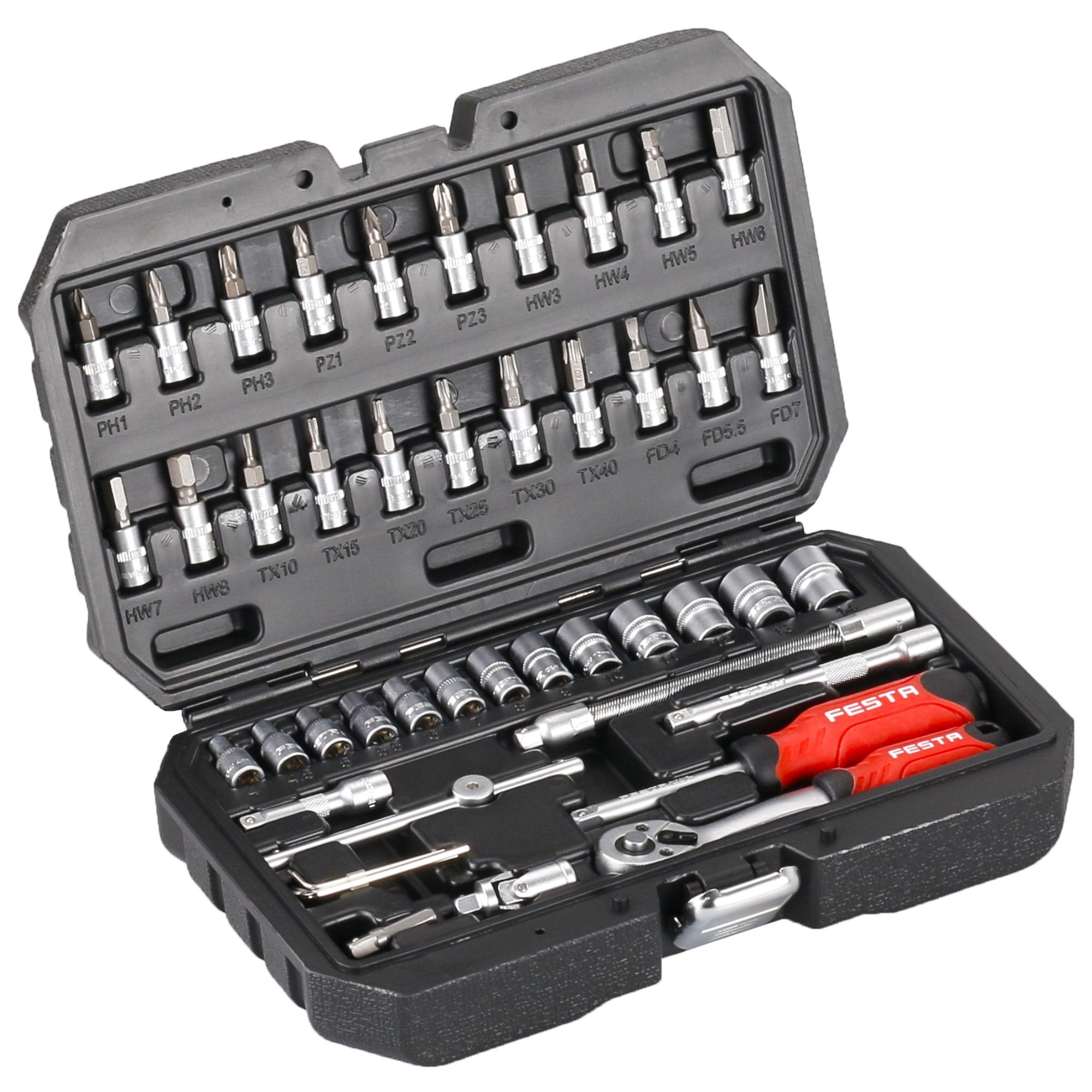 Gola sada 1/4", 46 dílů, plastový kufr, FESTA