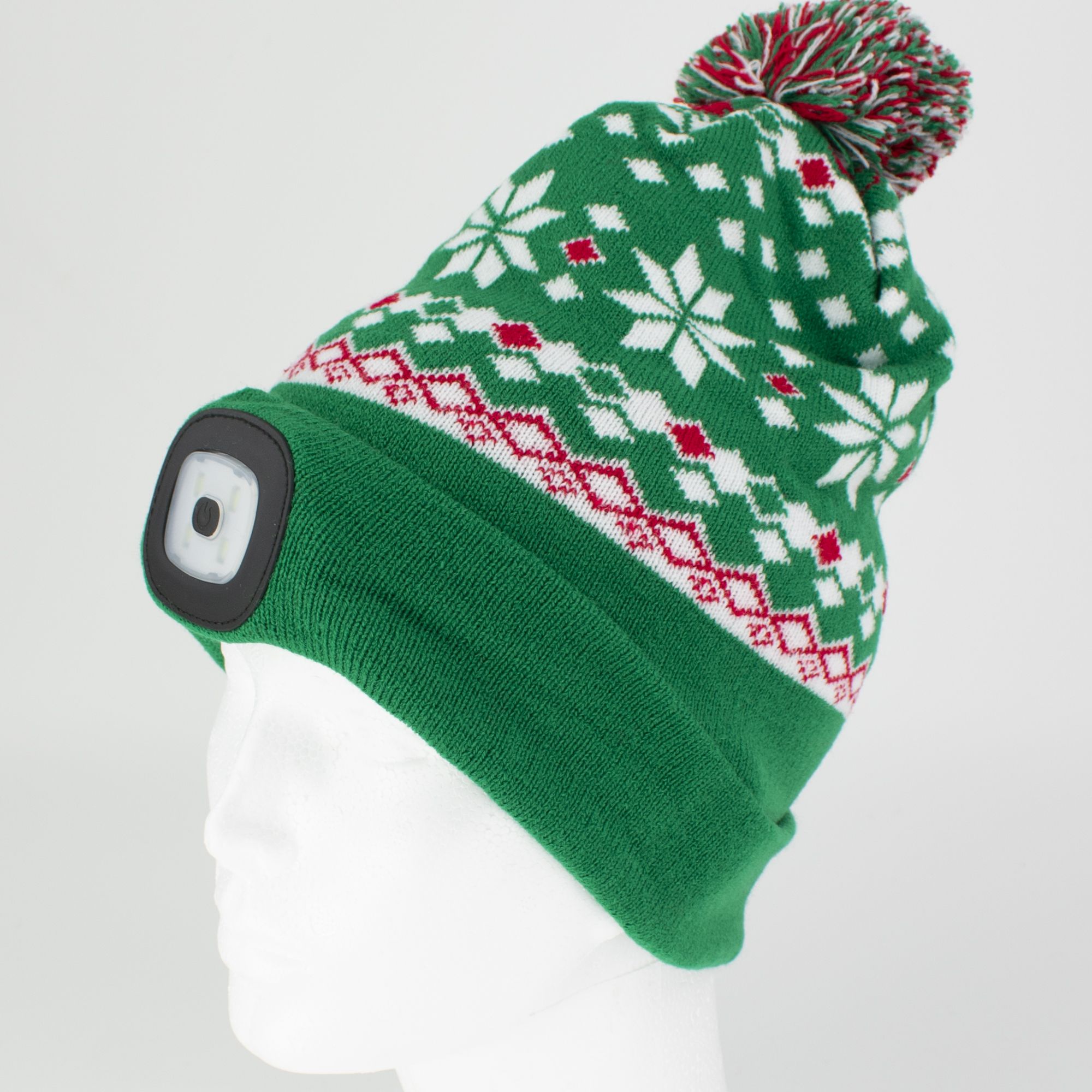 Čepice s LED čelovkou, 60lm, USB nabíjecí, UNI, Xmas zelená, STREND PRO