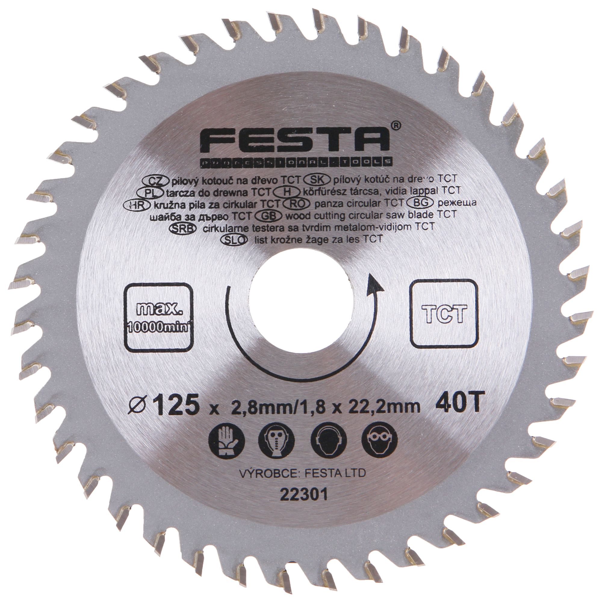 Kotouč pilový, na dřevo, 125mm, 40 zubů, 22,2mm, 2,8mm, TCT, FESTA