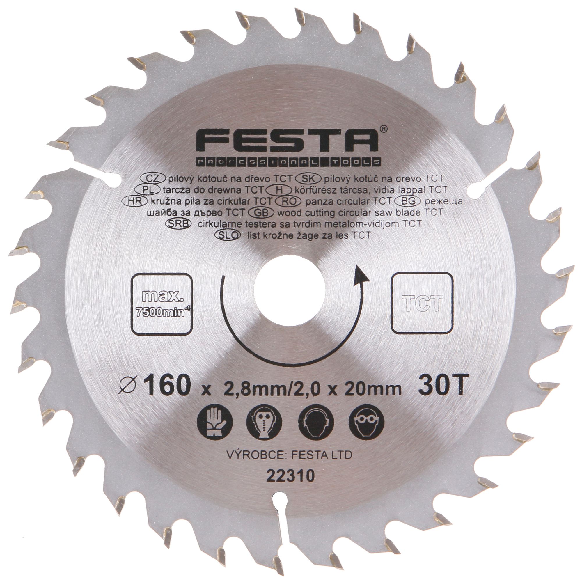 Kotouč pilový, na dřevo, 160mm, 30 zubů, 20/16mm, 2,8mm, TCT, FESTA