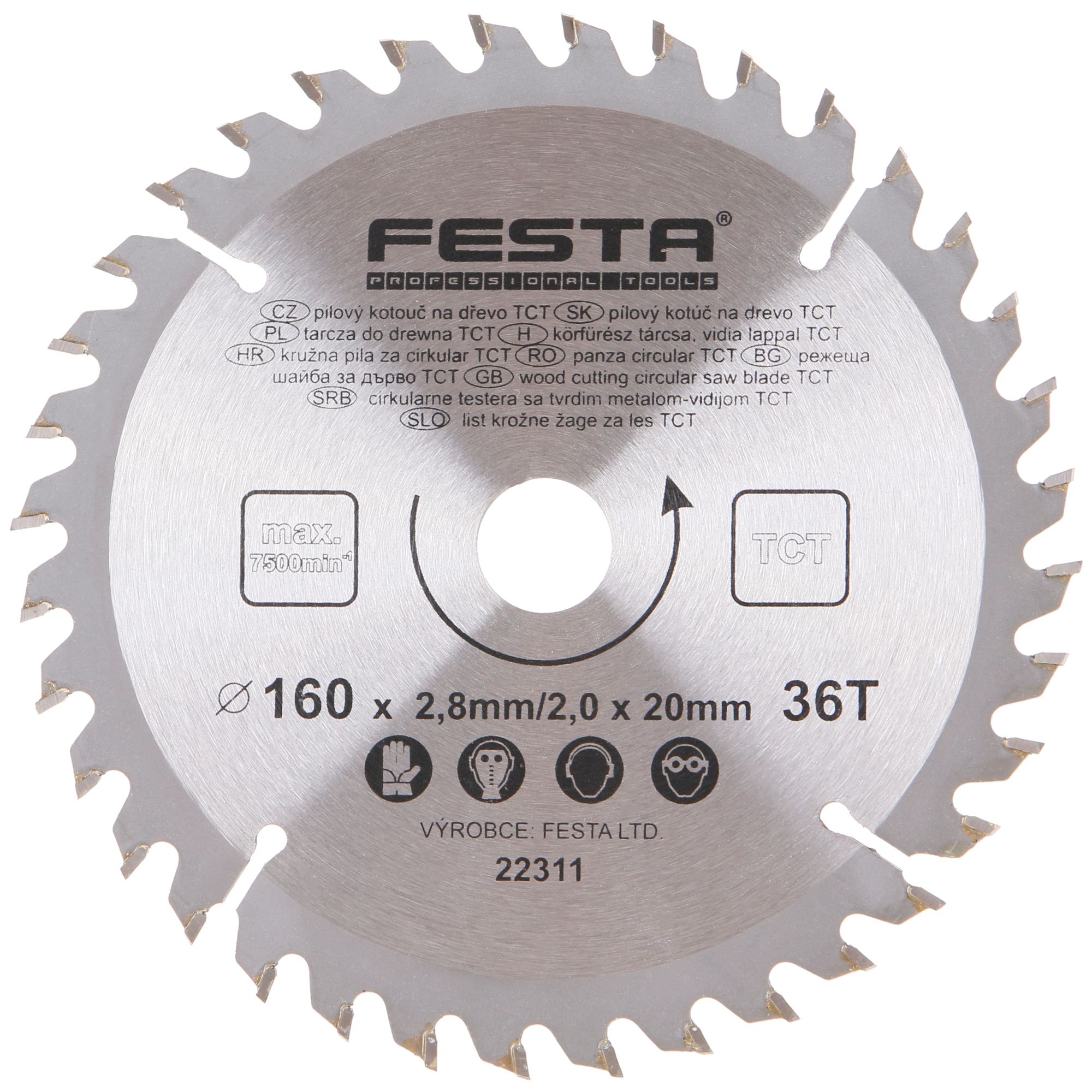 Kotouč pilový, na dřevo, 160mm, 36 zubů, 20/16mm, 2,8mm, TCT, FESTA