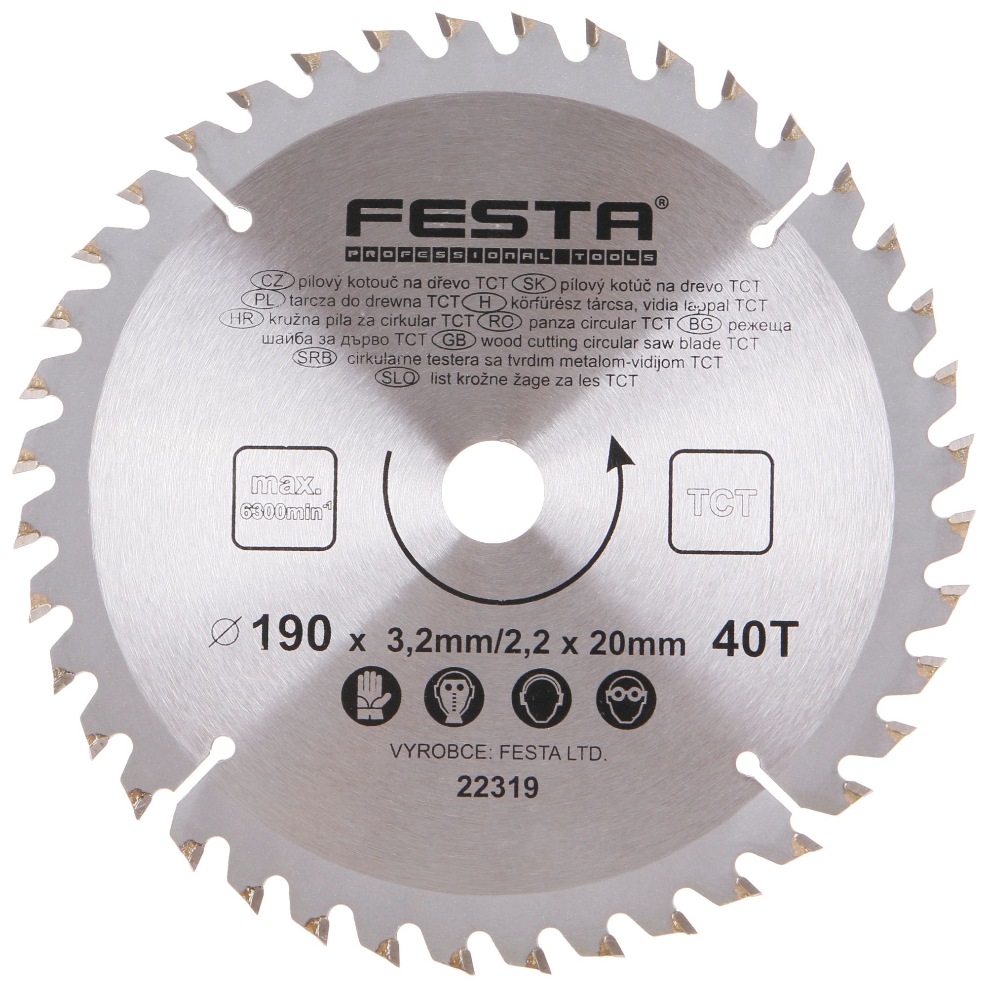 Kotouč pilový, na dřevo, 190mm, 40 zubů, 20/16mm, 3,2mm, TCT, FESTA