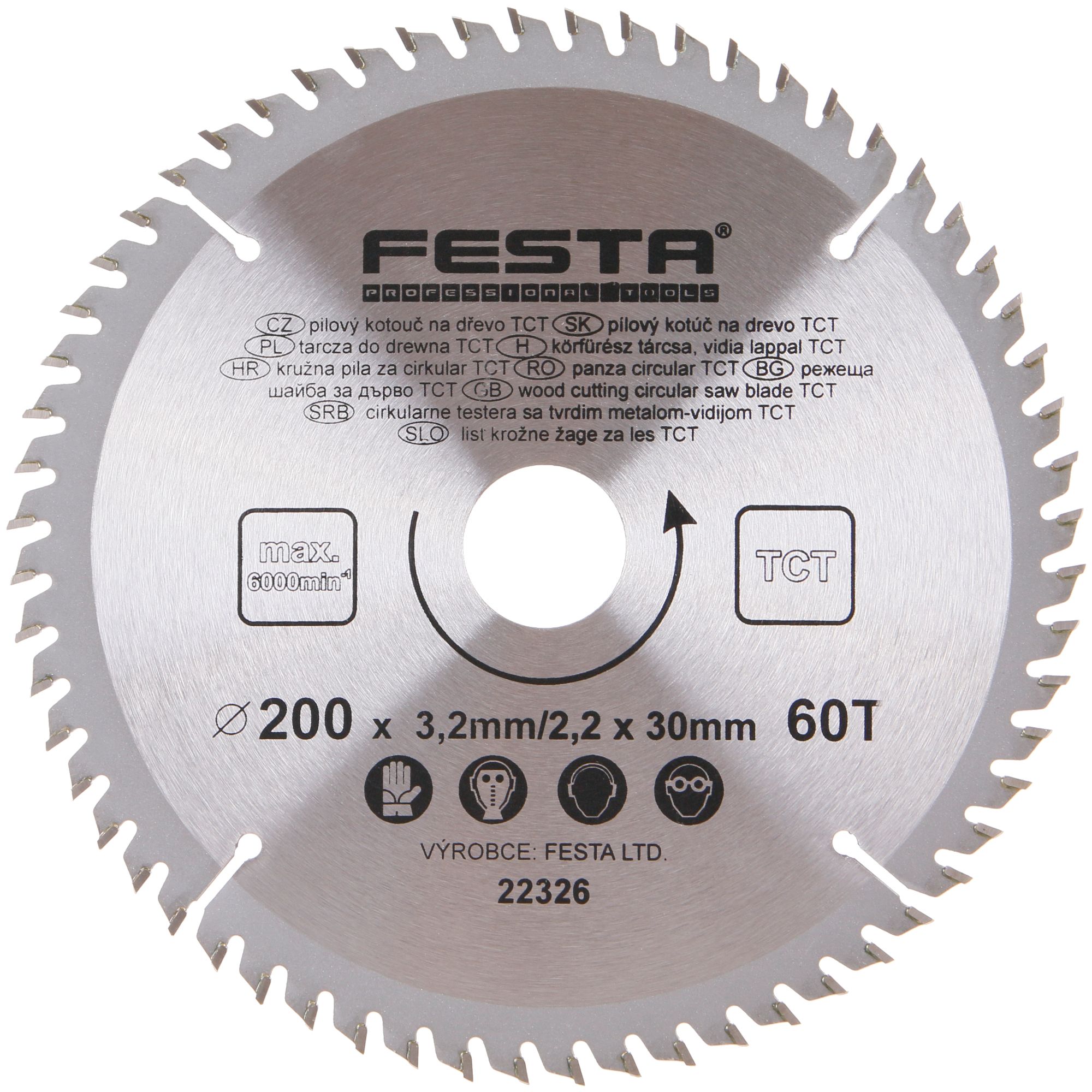 Kotouč pilový, na dřevo, 200mm, 60 zubů, 30/20mm, 3,2mm, TCT, FESTA