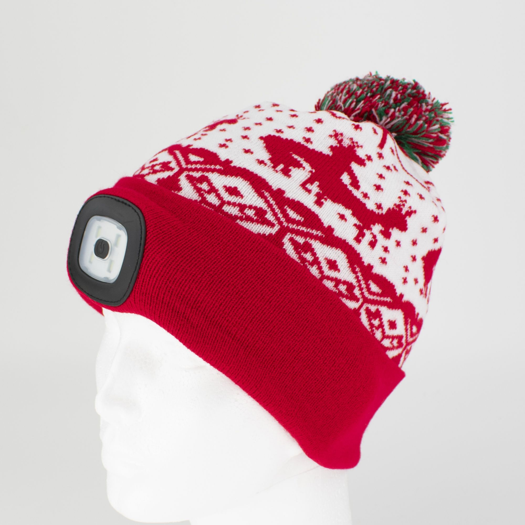 Čepice s LED čelovkou, 60lm, USB nabíjecí, UNI, Xmas červená, STREND PRO