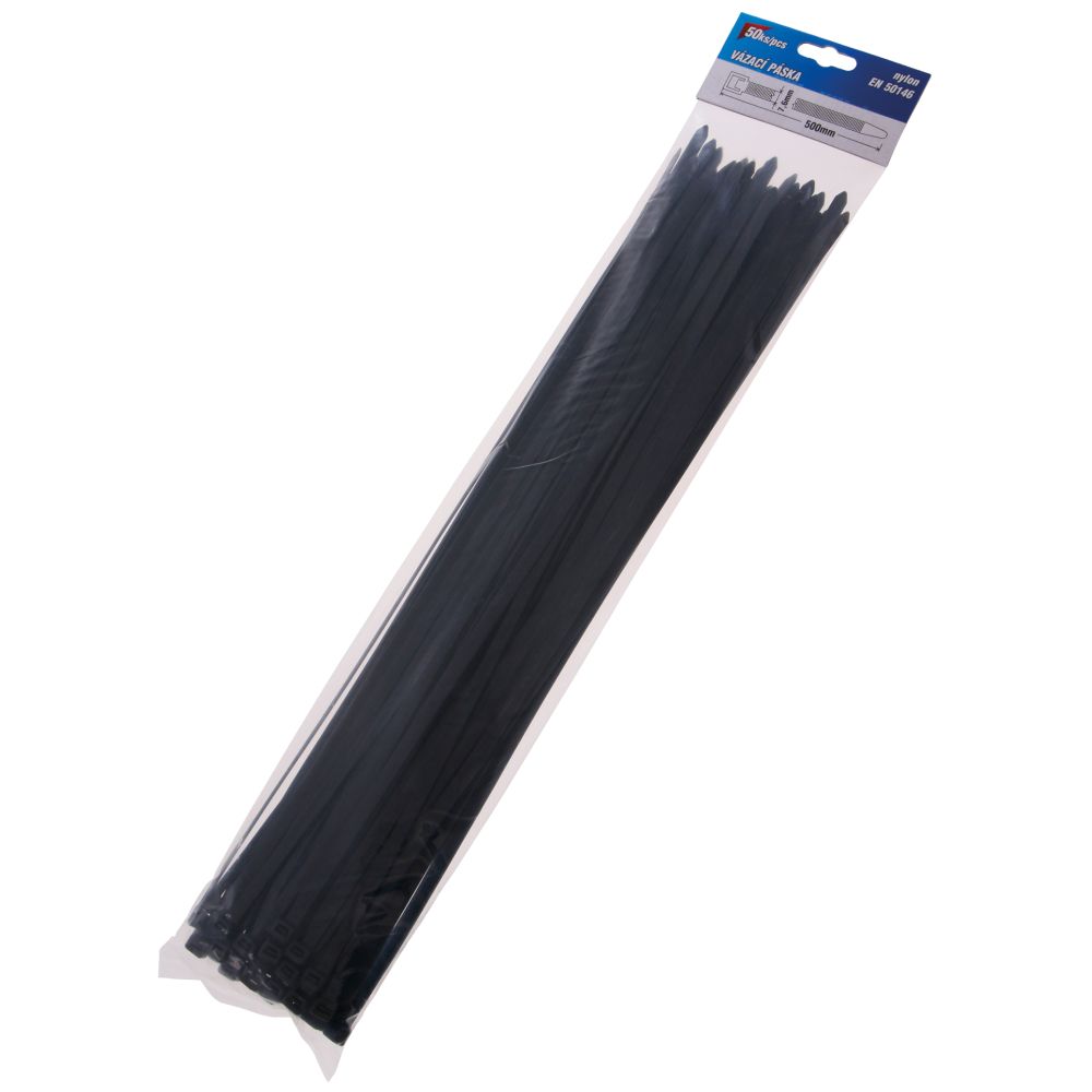 Pásek stahovací, 500 x 7,6mm, nylon, černý, balení 50ks