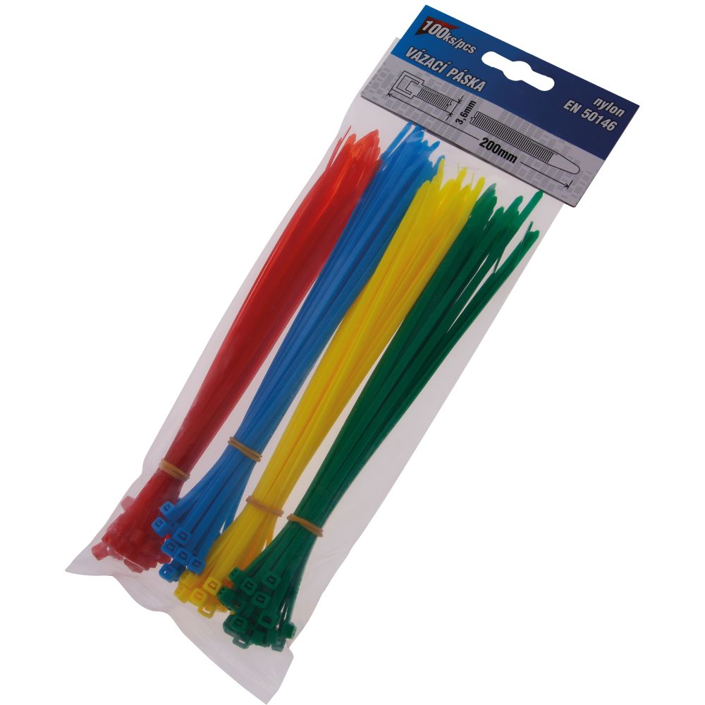 Pásek stahovací, 200 x 3,6mm, nylon, různé barvy, balení 100ks