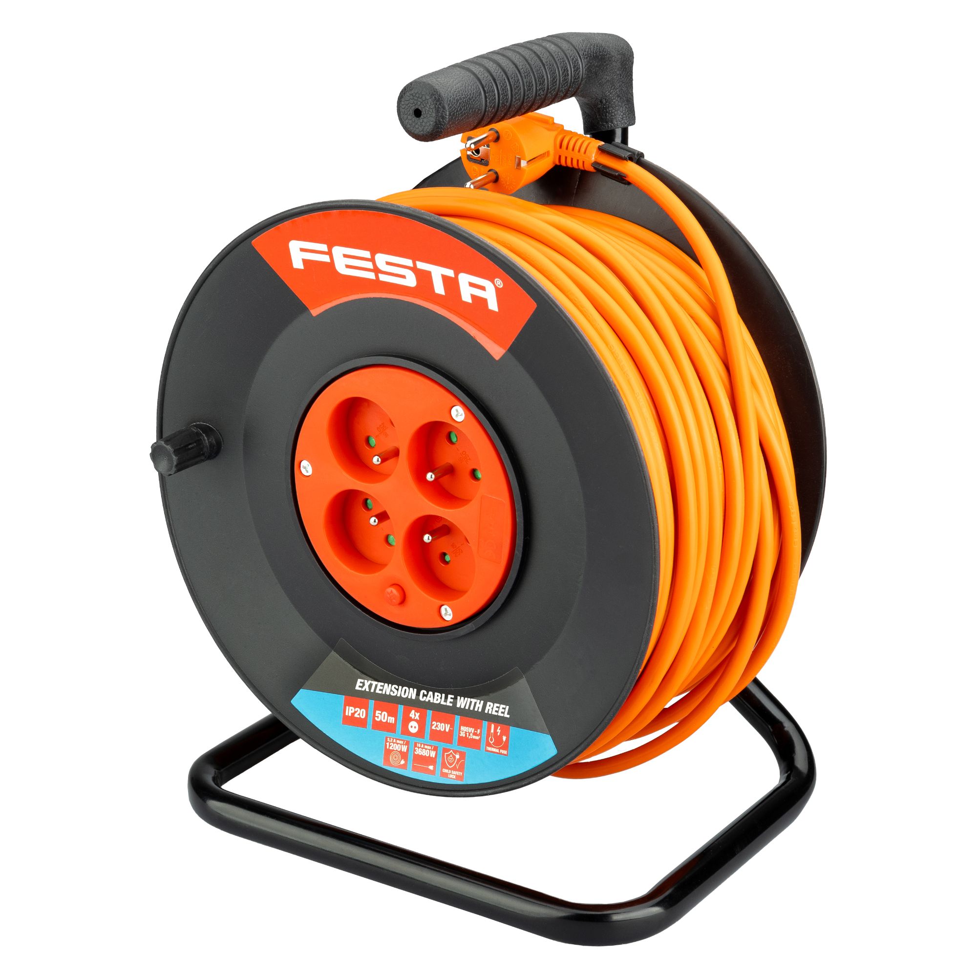 Prodlužovací kabel na bubnu, 50m, 4 zás., 3x1,5mm, oranžový, FESTA