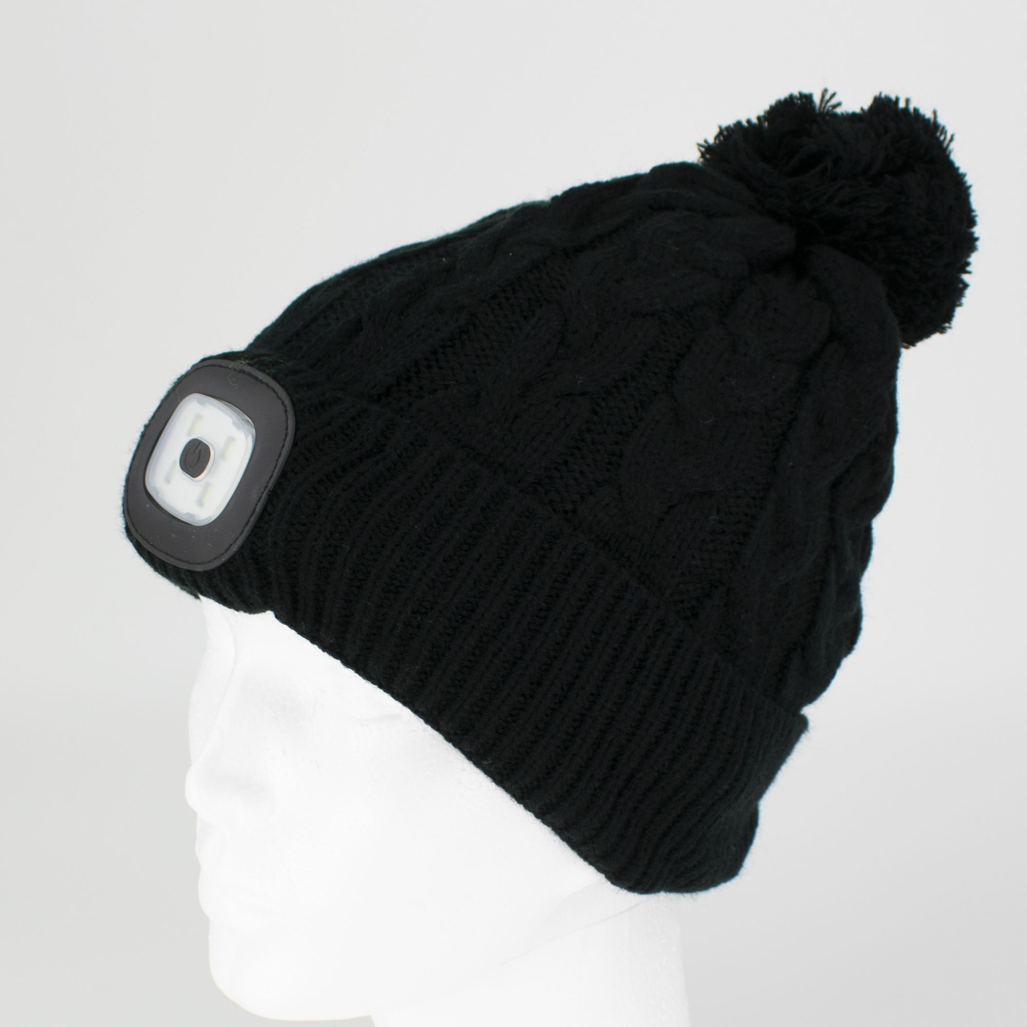 Čepice s LED čelovkou, 60lm, USB nabíjecí, UNI, pletená černá s bambulí, STREND PRO