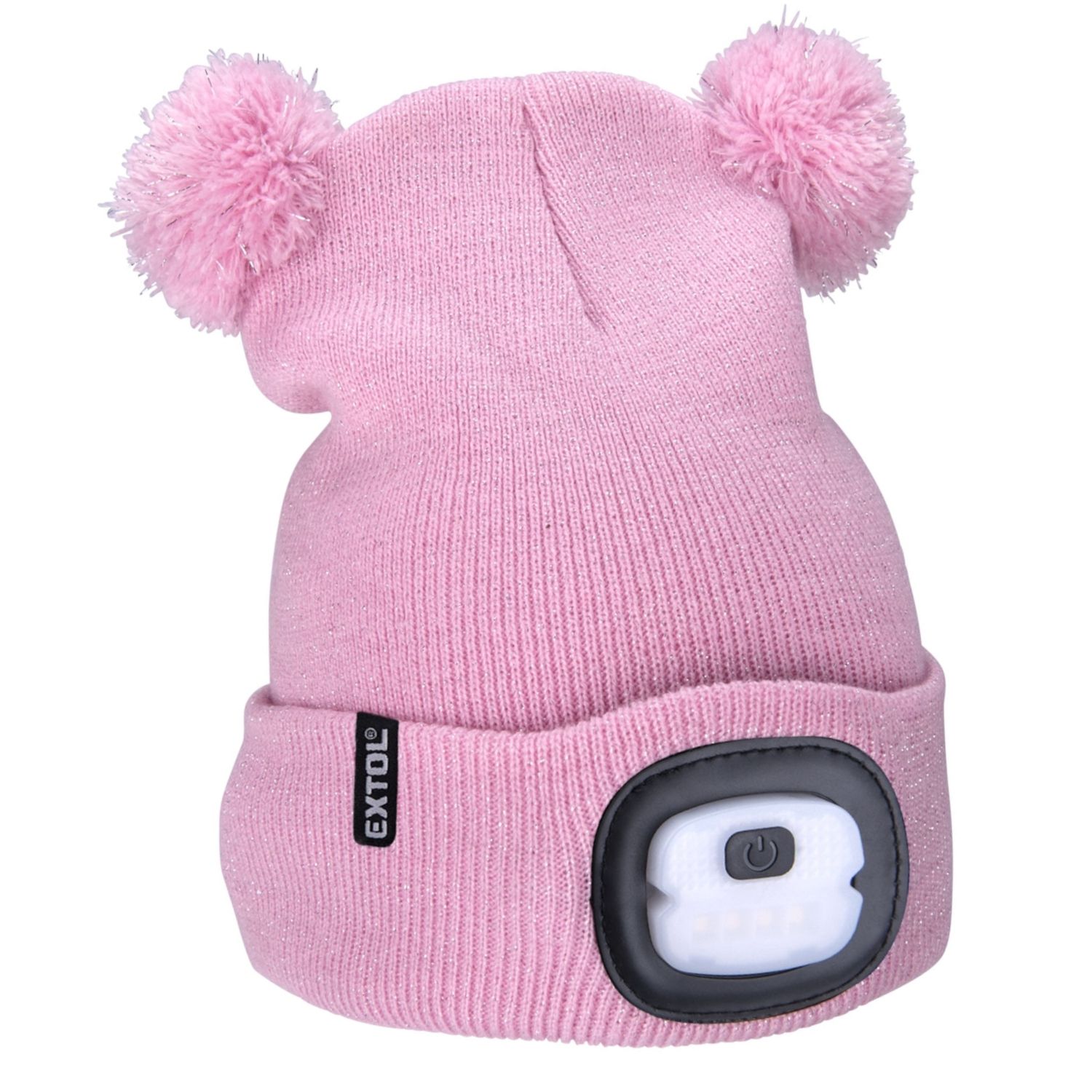 Čepice s LED čelovkou dětská, 4x25lm, USB nabíjecí, UNI, růžová se třpytkou a bambulemi, EXTOL LIGHT