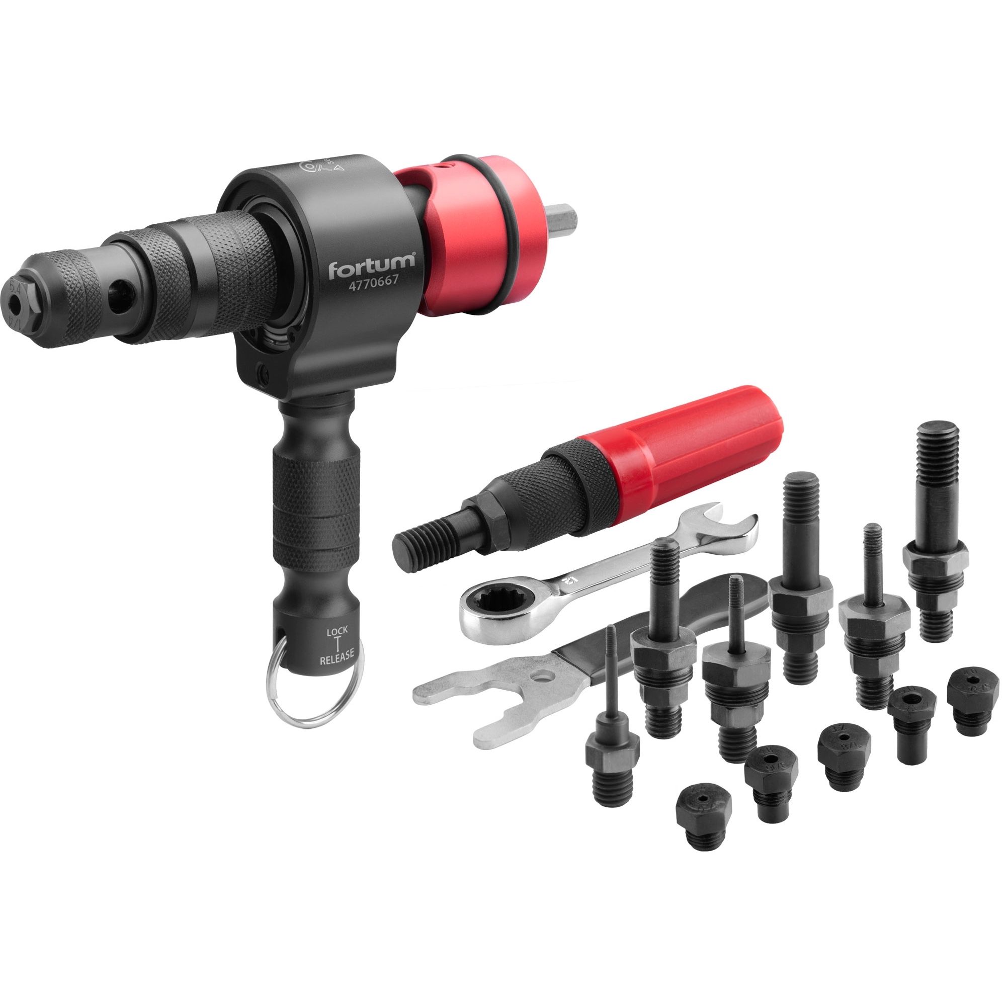 Nástavec nýtovací na vrtačku T-COMBO, sada pro matice M3-M12 i trh. nýty 2,4-6,4mm, CrMoV, FORTUM