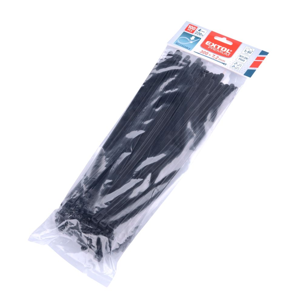 Pásek stahovací rozepínací, 300 x 7,2mm, černý, nylon PA66, balení 100ks, EXTOL PREMIUM