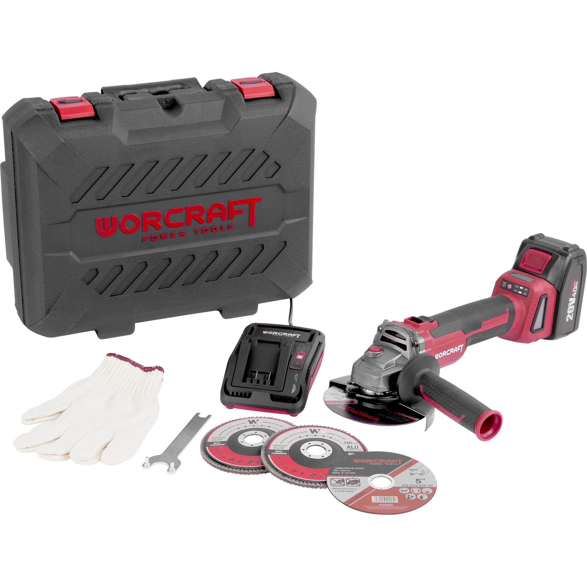 AKU bruska úhlová, 125mm, 20V, sada 1 bat. v kufru, BRUSHLESS, ShareSYS, WORCRAFT CAG-S20LiBH