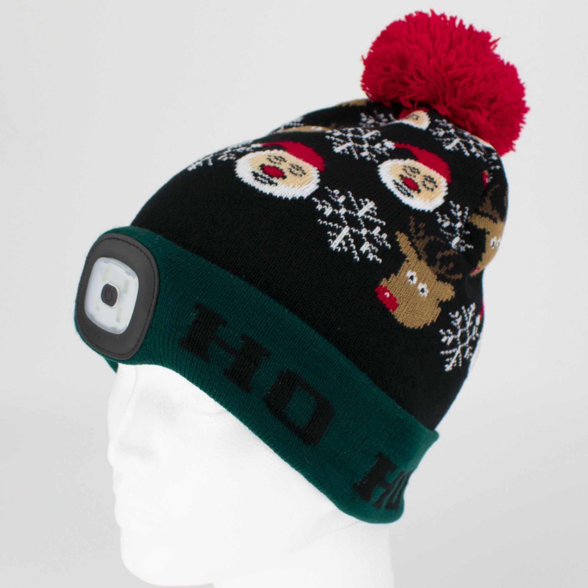 Čepice s LED čelovkou, 60lm, USB nabíjecí, UNI, Xmas zeleno-černá, STREND PRO