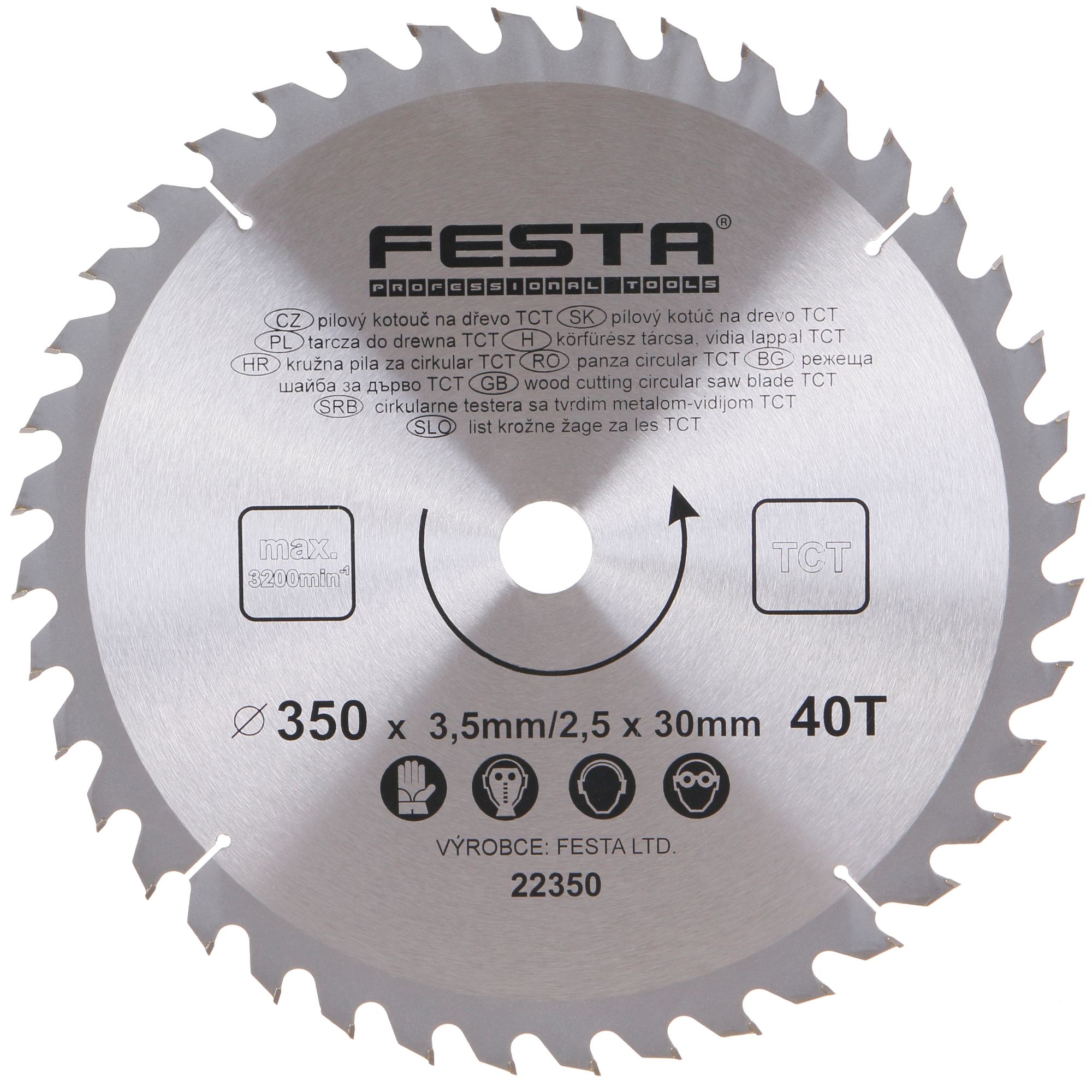 Kotouč pilový, na dřevo, 350mm, 40 zubů, 30mm, 3,5mm, TCT, FESTA