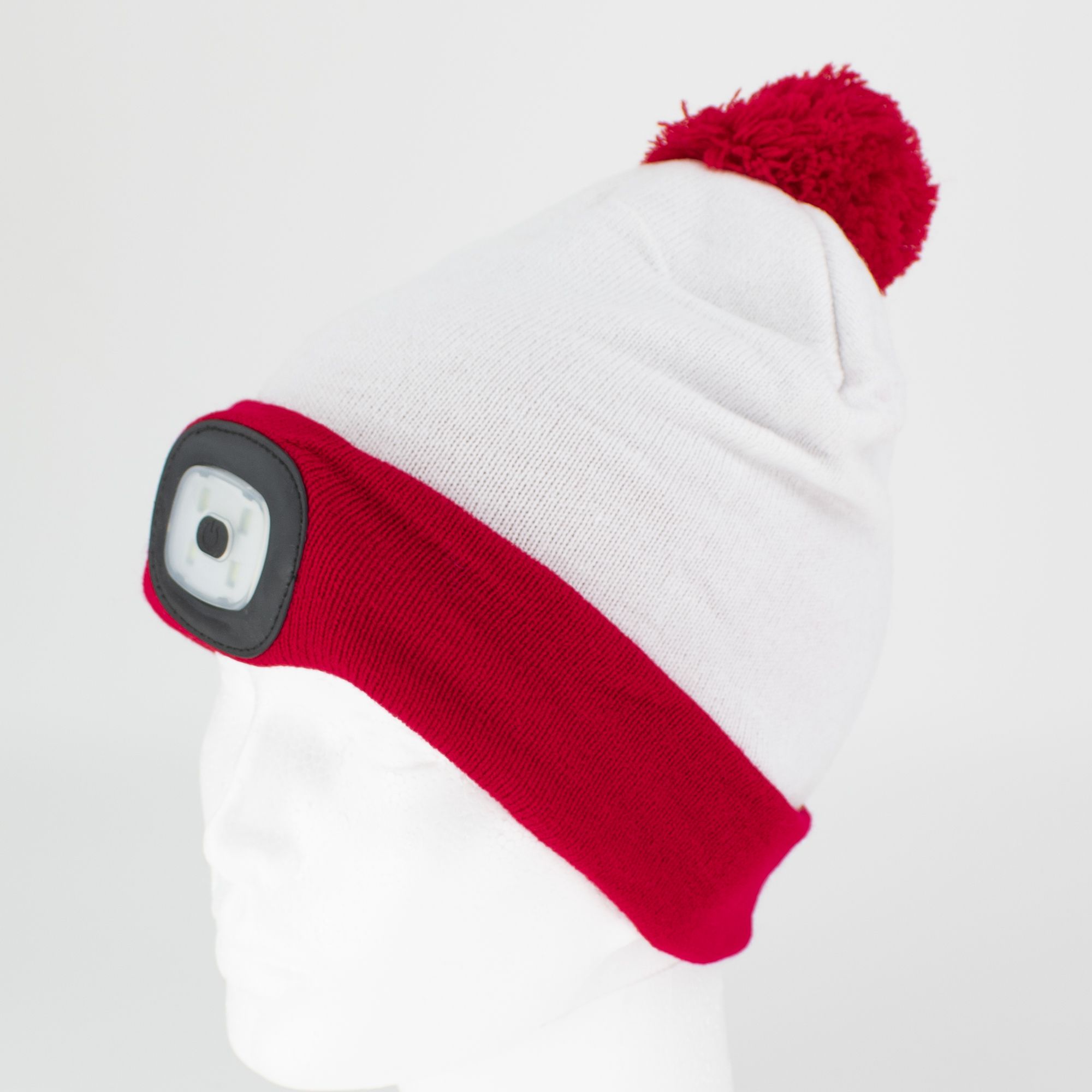 Čepice s LED čelovkou, 60lm, USB nabíjecí, UNI, bílá/červená s bambulí, STREND PRO