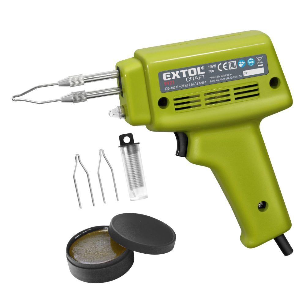 Pájka pistolová, 100W, transformátor, sada v kufru, EXTOL CRAFT