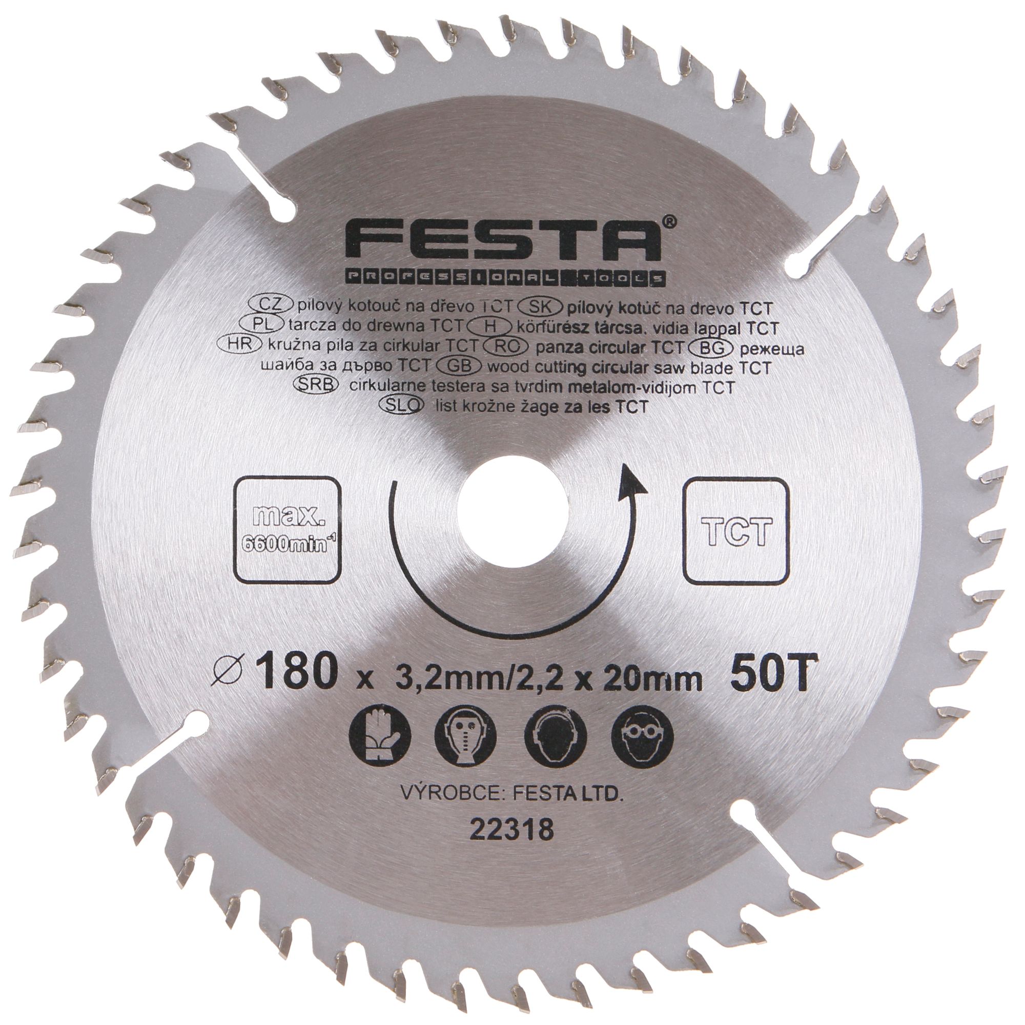 Kotouč pilový, na dřevo, 180mm, 50 zubů, 20/16mm, 3,2mm, TCT, FESTA