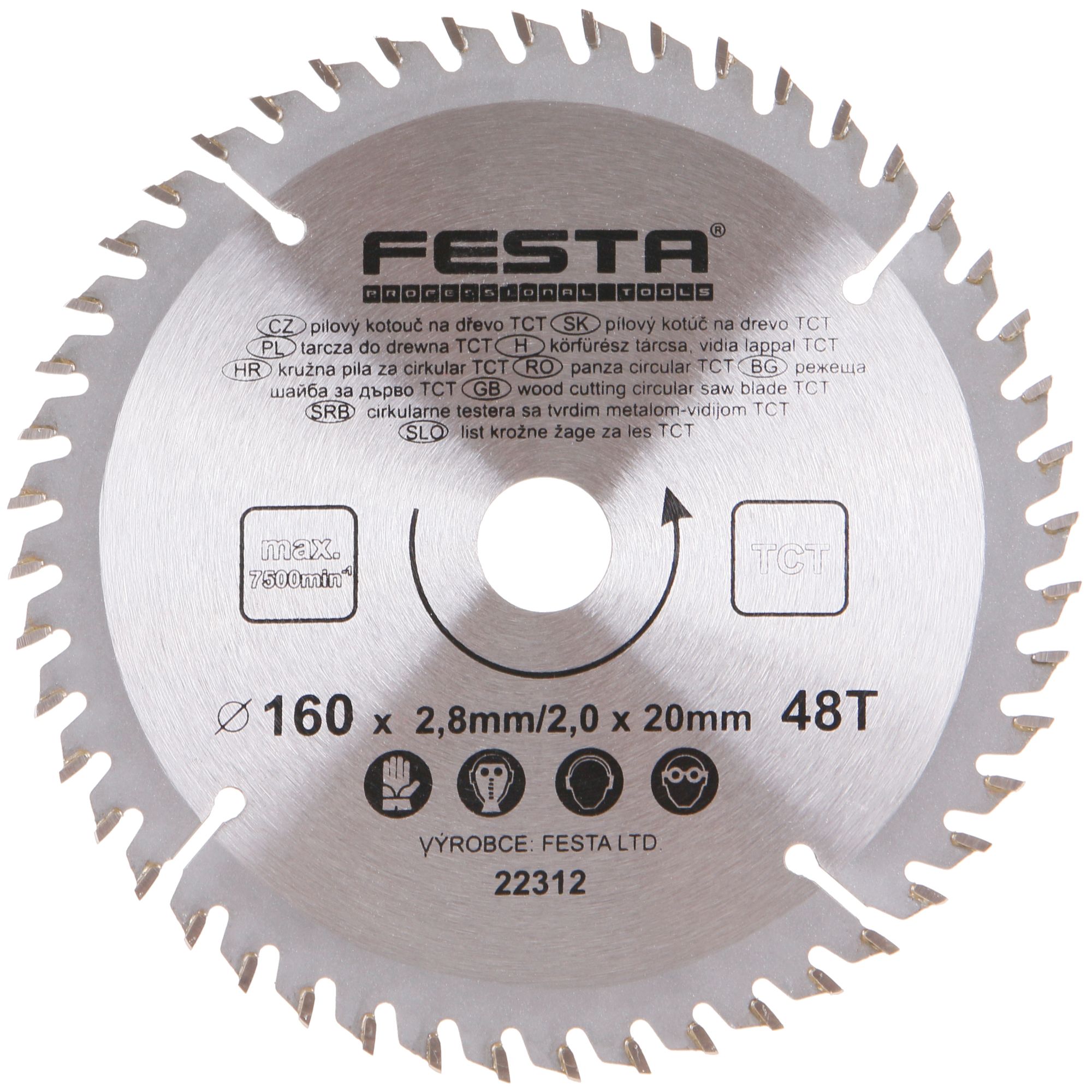 Kotouč pilový, na dřevo, 160mm, 48 zubů, 20/16mm, 2,8mm, TCT, FESTA