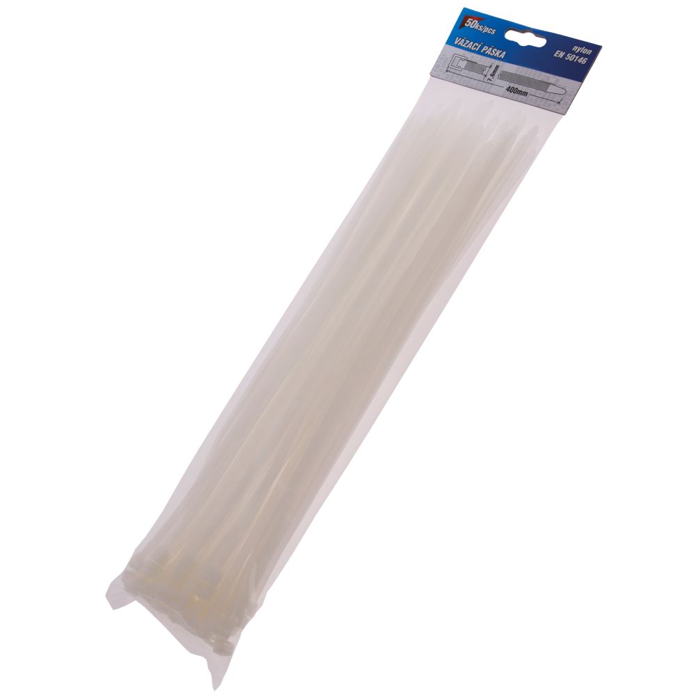 Pásek stahovací, 400 x 7,6mm, nylon, bílý, balení 50ks