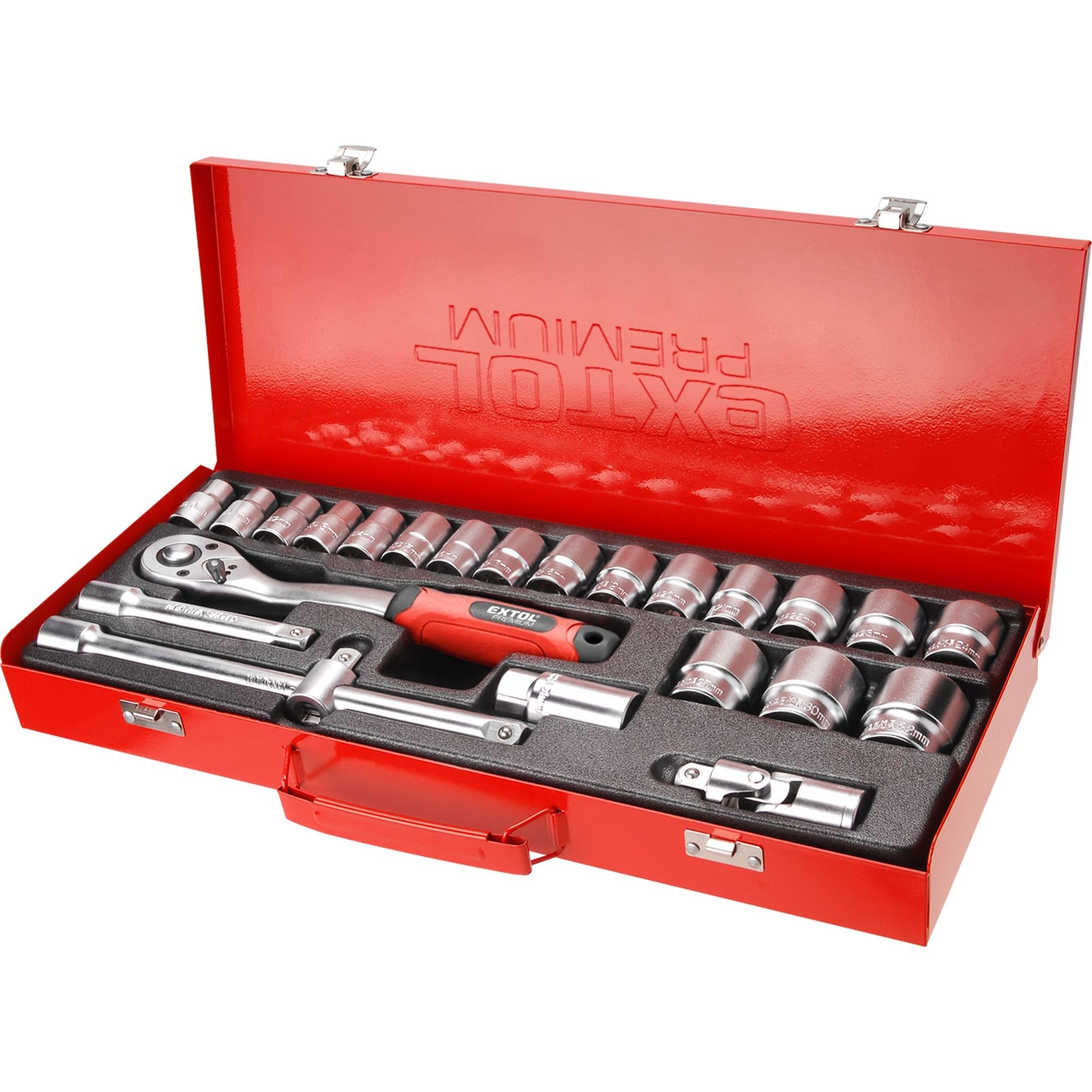 Gola sada 1/2", 24 dílů, plechový kufr, EXTOL PREMIUM