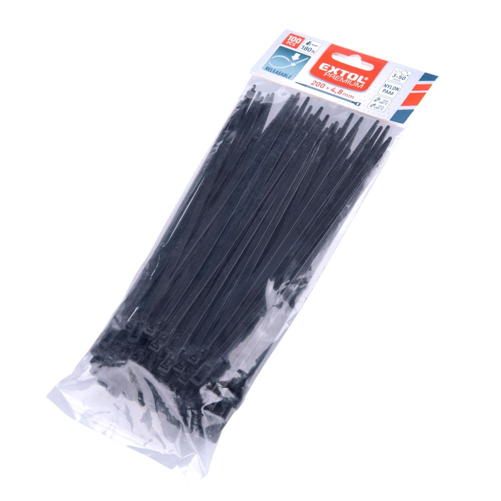 Pásek stahovací rozepínací, 200 x 4,8mm, černý, nylon PA66, balení 100ks, EXTOL PREMIUM