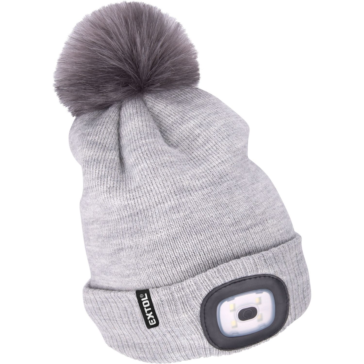 Čepice s LED čelovkou, 4x45lm, USB nabíjecí, UNI, světle šedá s bambulí, EXTOL LIGHT