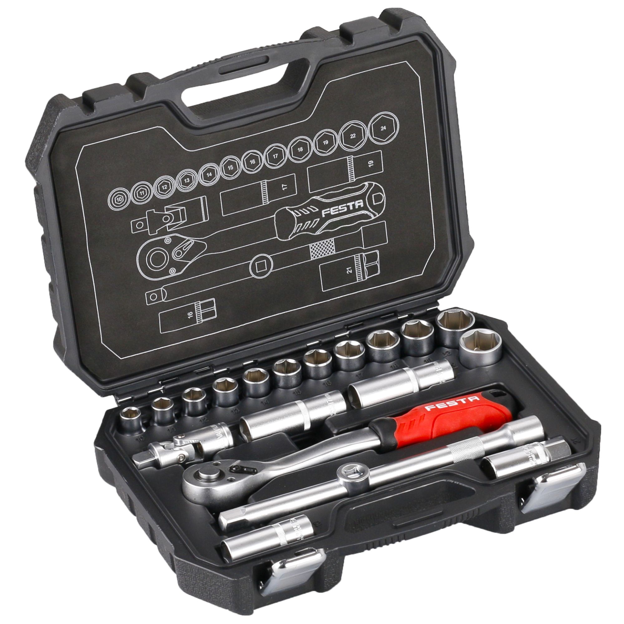 Gola sada 1/2", 20 dílů, plastový kufr, FESTA