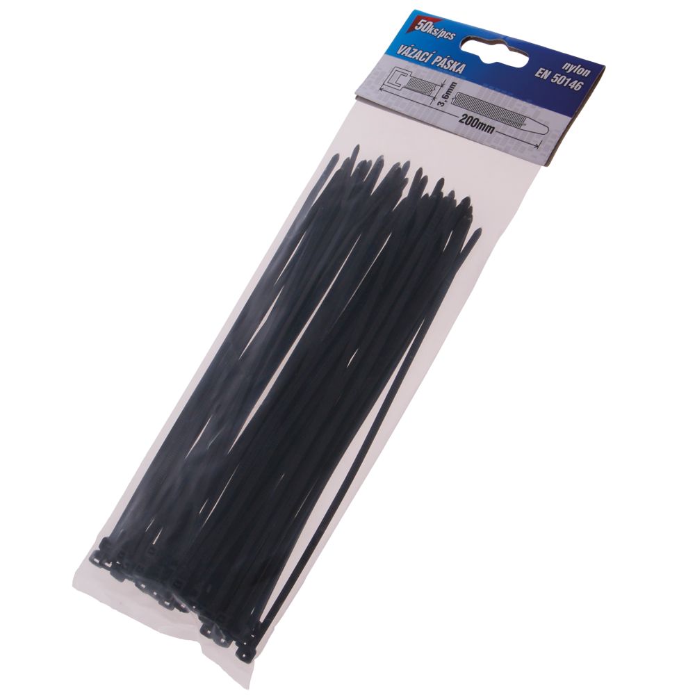 Pásek stahovací, 200 x 3,6mm, nylon, černý, balení 50ks