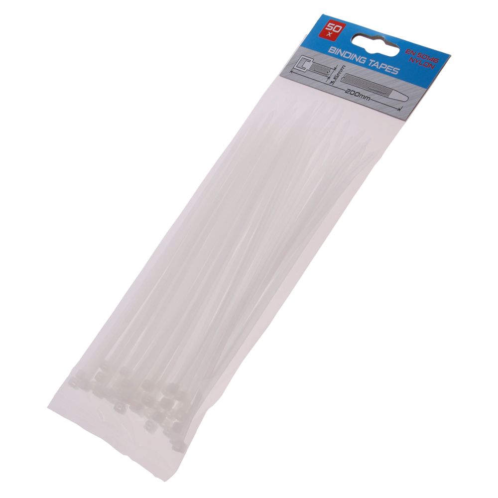 Pásek stahovací, 200 x 3,6mm, nylon, bílý, balení 50ks
